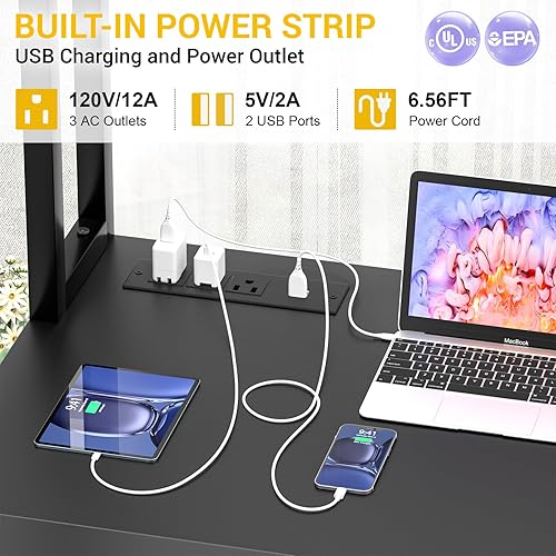 Miniatura 5 de Aheaplus Escritorio en forma de L con toma de corriente, escritorio para juegos en forma de L con luz LED y alacena, escritorio reversible para