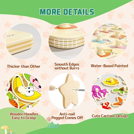 Wooden Peg Puzzles for Toddlers 3-5, 6 Pack Learning Educational Montessori Toys, Puzzles Gift for Kids Girs Boys 3 4 5 with Alphabet Number Animal Shape