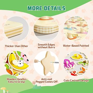 Wooden Peg Puzzles for Toddlers 3-5, 6 Pack Learning Educational Montessori Toys, Puzzles Gift for Kids Girs Boys 3 4 5 with Alphabet Number Animal Shape