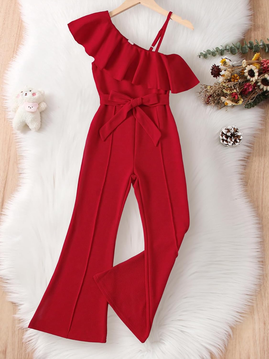 Girls Jumpsuits Girl's Ruffle Trim Asymmetrical Neck Rompers Belted High Waist Wide Leg Summer Jumpsuit Pants for 7-14Y - Image 3