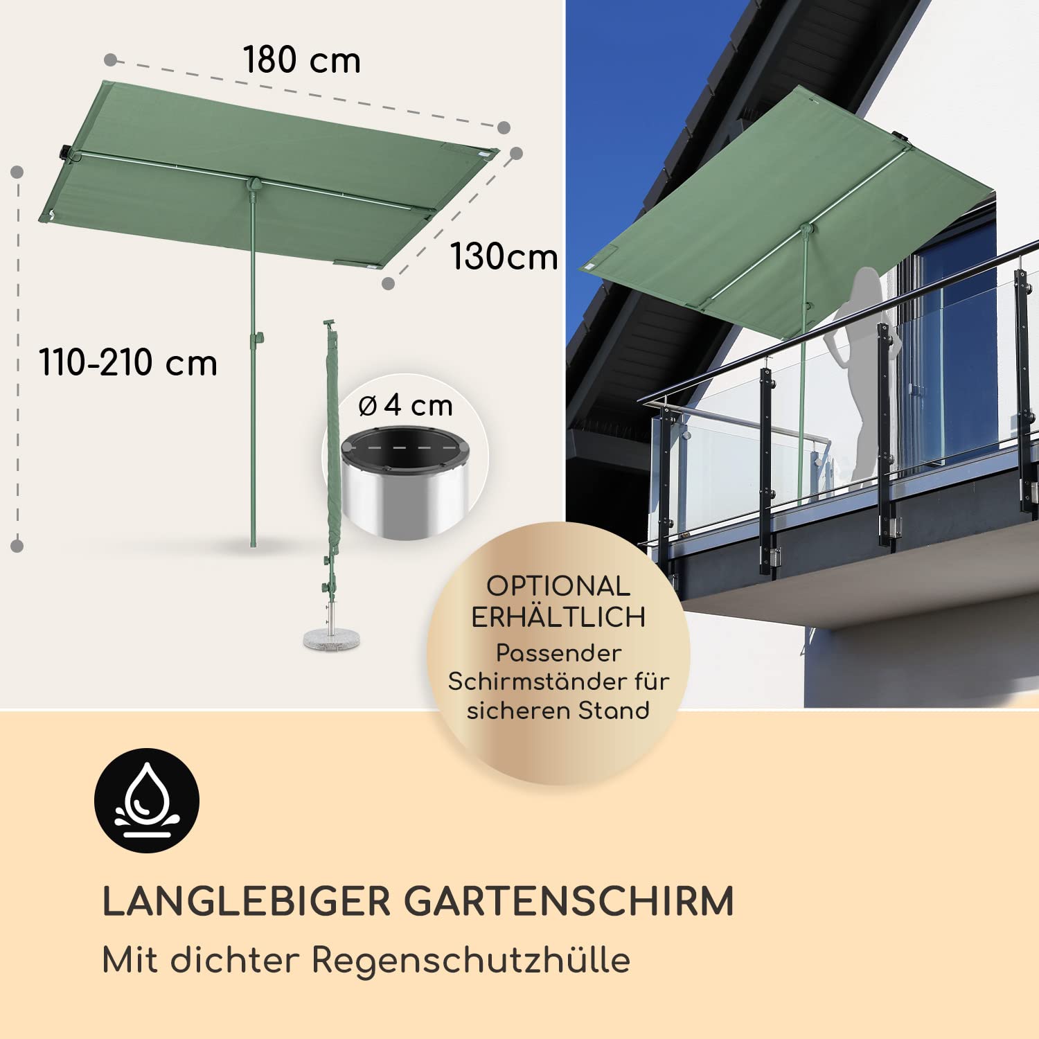 blumfeldt Sonnenschirm für Balkon Rechteckig, Sonnenschirm mit LED Beleuchtung, Wasserdicht & UV-Schutz, Balkon Sonnenschirm für Terrasse & Garten, Höhenverstellbarer Balkon Schirm Sonnenschutz