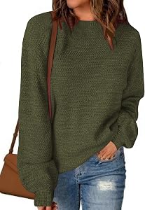 Woman Fall Sweater Loose Knit Lantern Sleeve Lightweight Crew Neck Pullover Tops