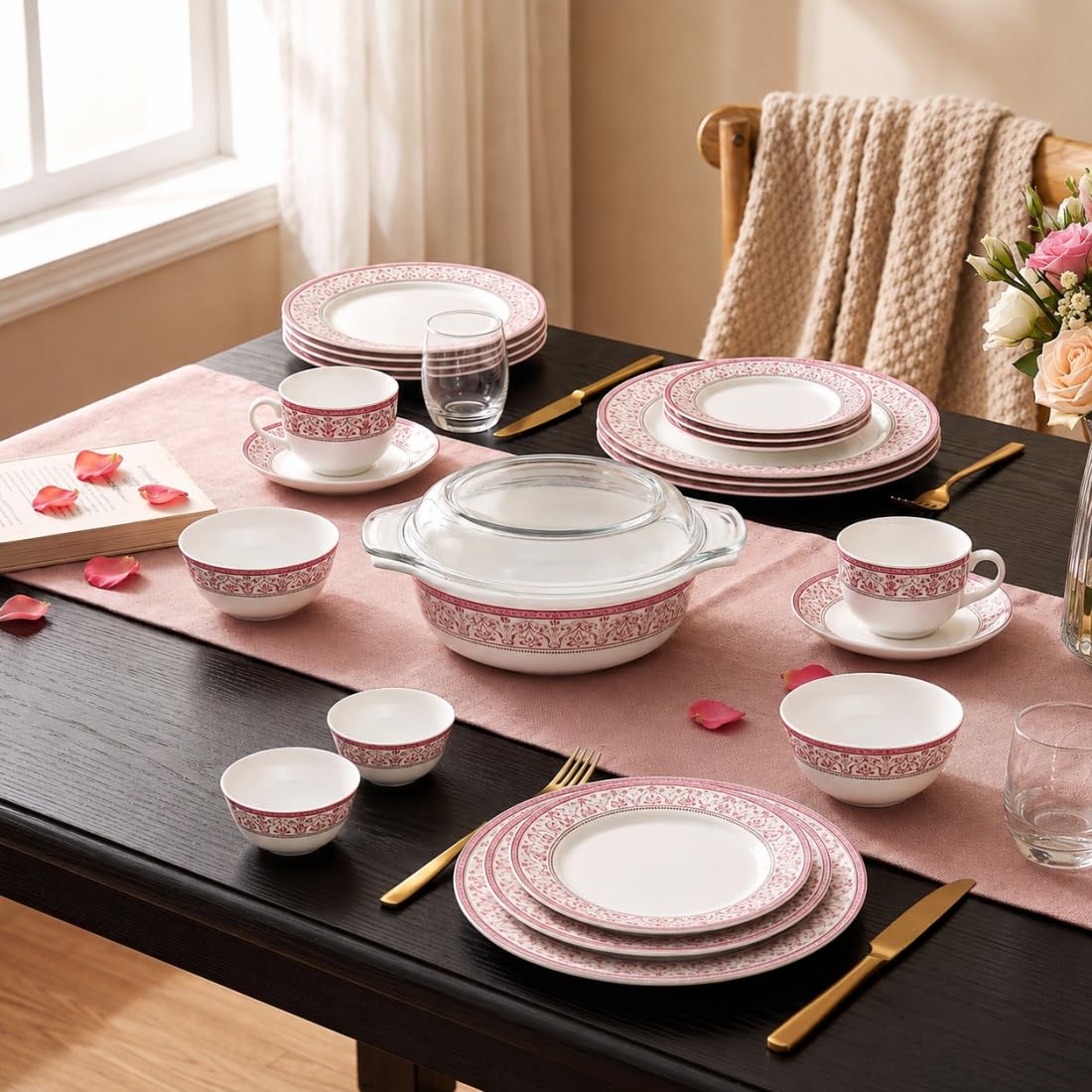 La Opala, Sovrana Collection, Opal Glass Floral Dinner Set 62 Pcs, Mor