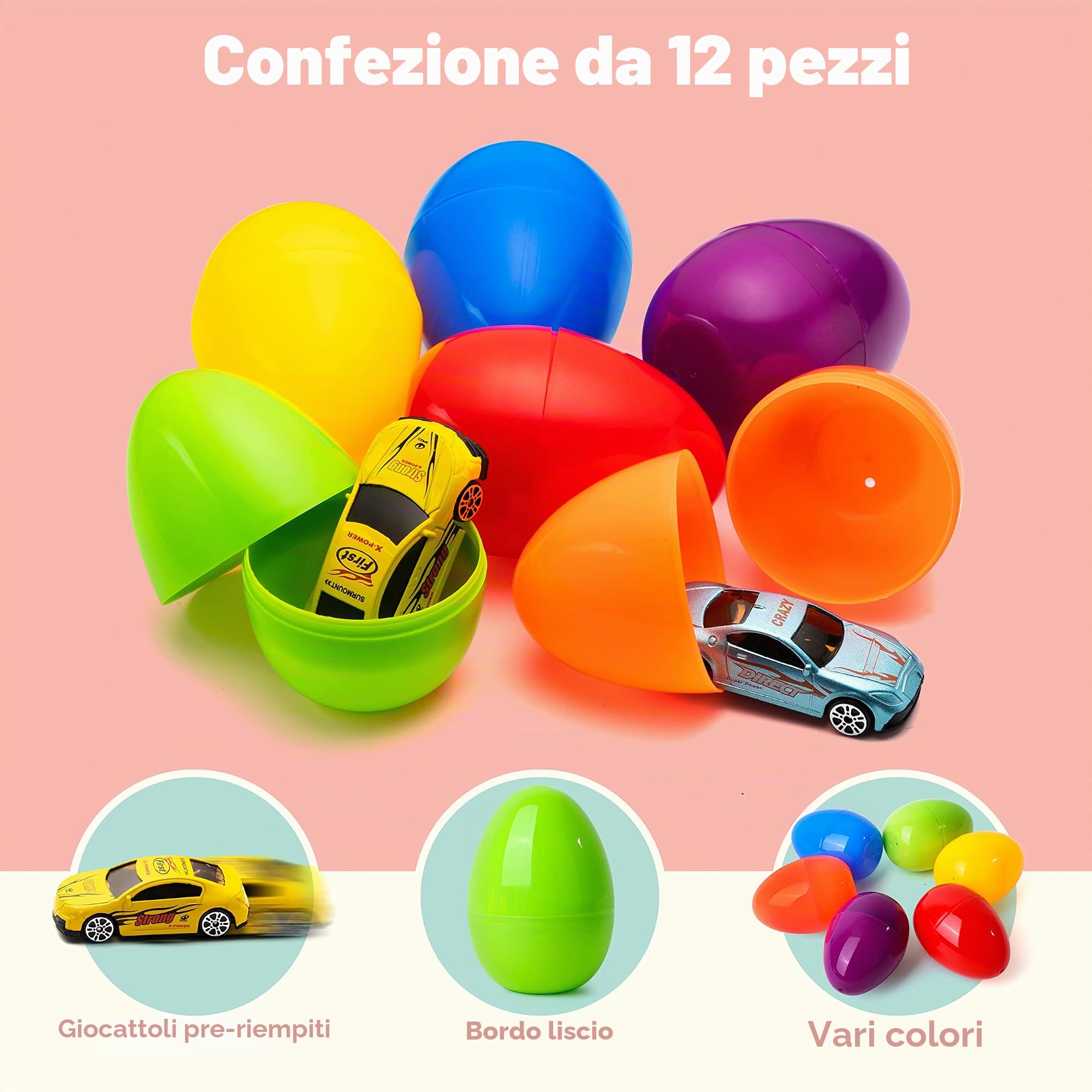 JOYIN 12 car die-cast riempito big uova di pasqua, 3.2" variopinto luminoso preriempita plastica uova di pasqua con diverse vetture pressofuso