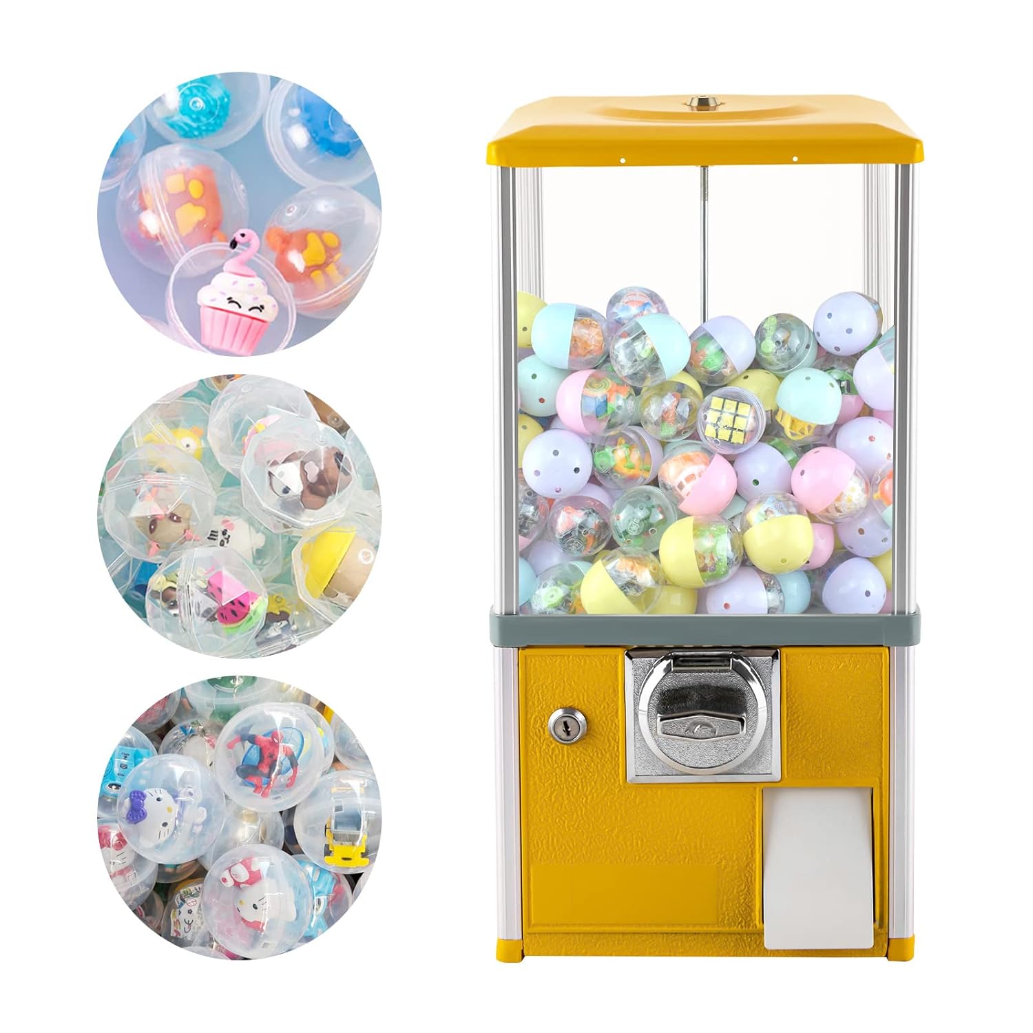 Vending Machine 20" Commercial Gumball Machine 1.77-1.97in Capsule Vending Candy Gumball Machine Large Load Capacity Gumball Bank Vending Machines w/Key for Kids Party Favor Prize (Yellow)