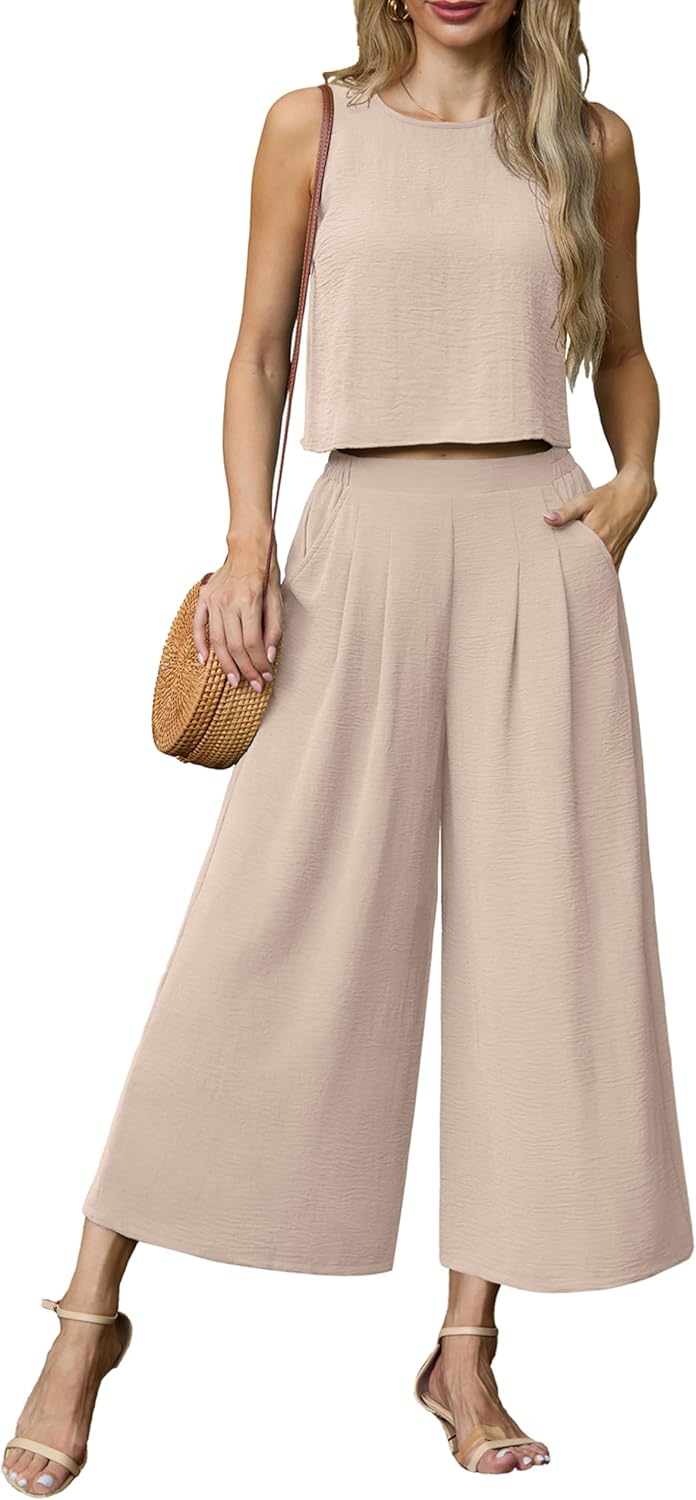 Lepunuo Womens Summer 2 Piece Outfits Sleeveless Crop Top Flowy Wide Leg Pants Matching Sets Vacation Beach Travel Outfits