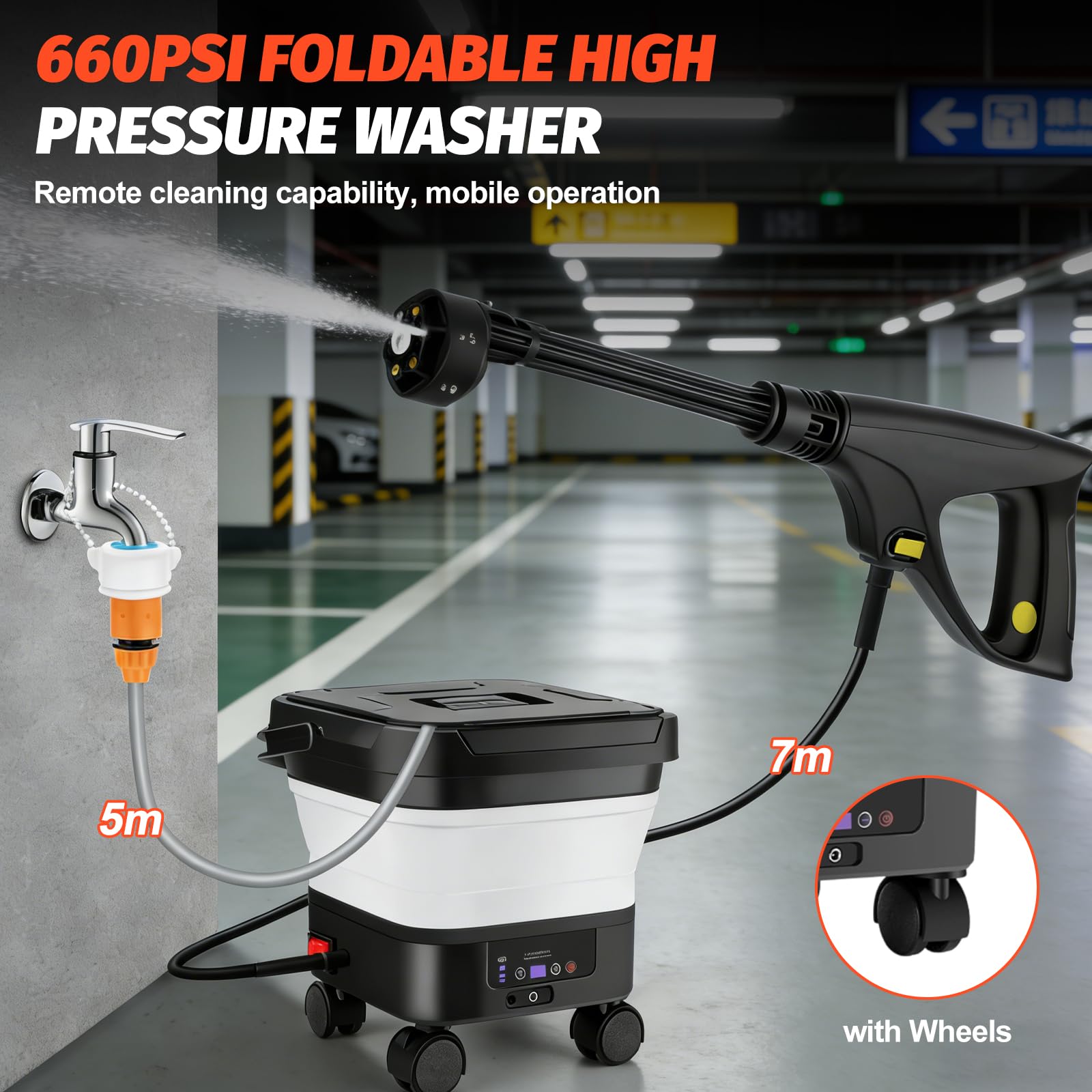 Idropulitrice portatile con serbatoio da 13 l, idropulitrice pieghevole ad alta pressione ugello 6 in 1 Pulitore elettrico portatile per esterni Tubo da 7 m, idropulitrice mobile 660 PSI per