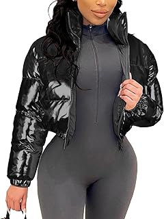 Women's Metallic Shiny Cropped Puffer Jacket Long Sleeve y2k Zip Up Padd...