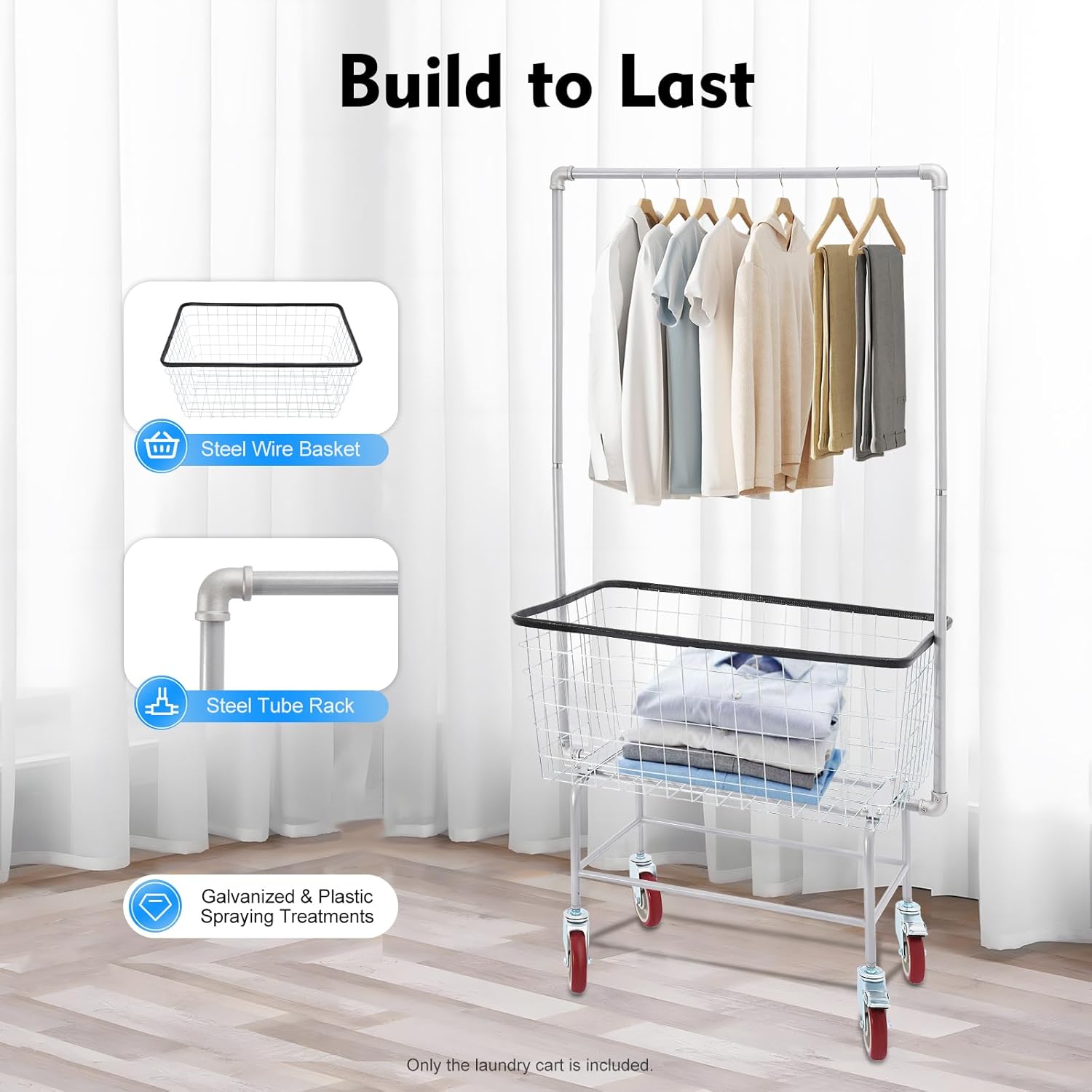 Laundry Cart, Rolling Laundry Basket Steel Wire Laundry Clothes Hamper Sorter with Hanging Rod & Storage Shelf, 110lbs Capacity Commercial Laundry Organizer with Lockable Wheels for Home, Hotel