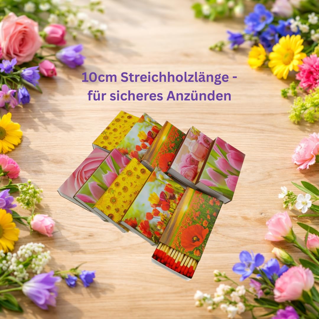 Camino 24 boîtes d'allumettes XXL 10 cm Motifs Fleurs, boîte d'allumettes pour Barbecue, cheminée, poêle, Bougies, allumettes de sécurité Motifs Fleurs Allumettes de Lance