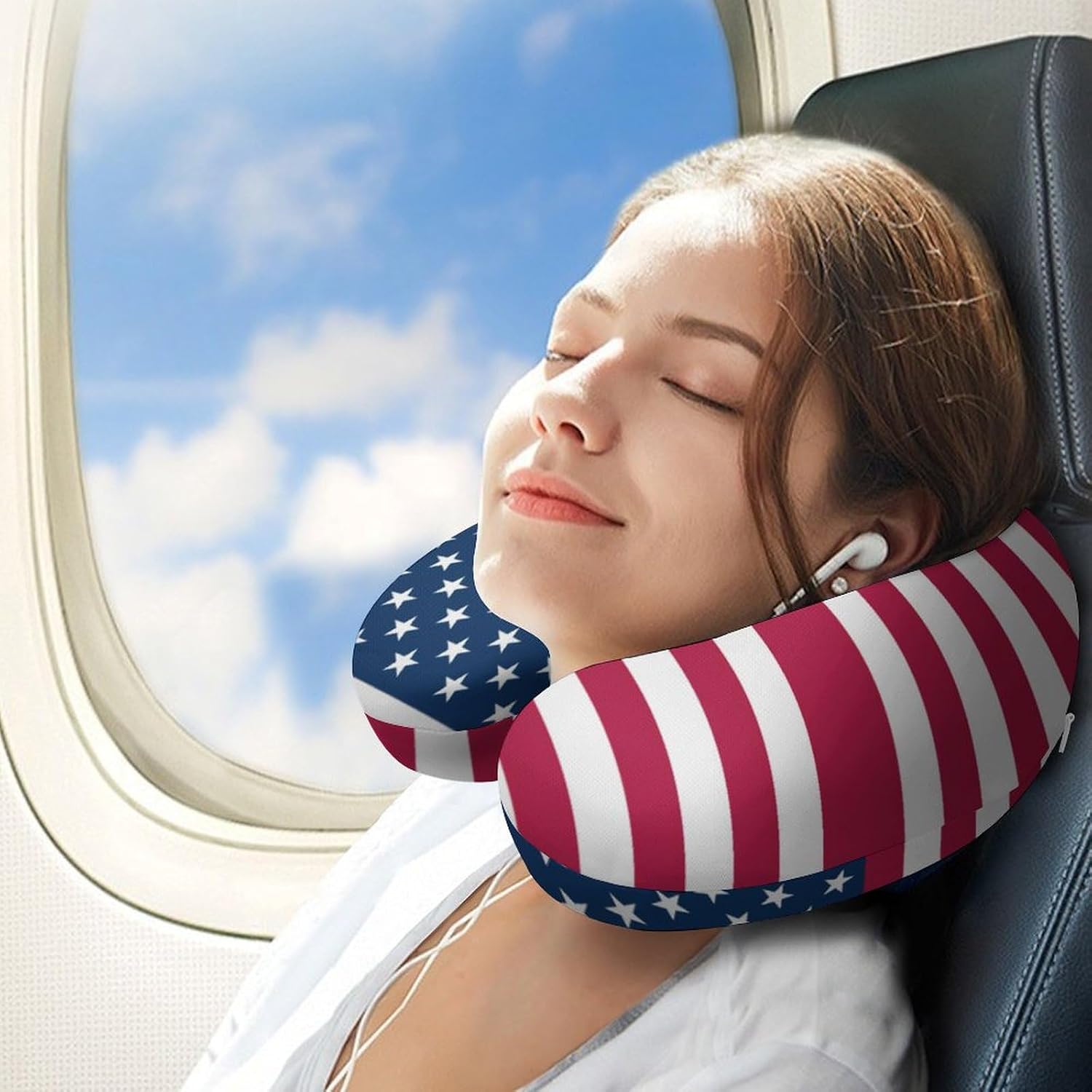 U.S. Flag Funny Travel Pillow U Shaped Memory Foam Neck Pillows Portable for Flight Car Home Office