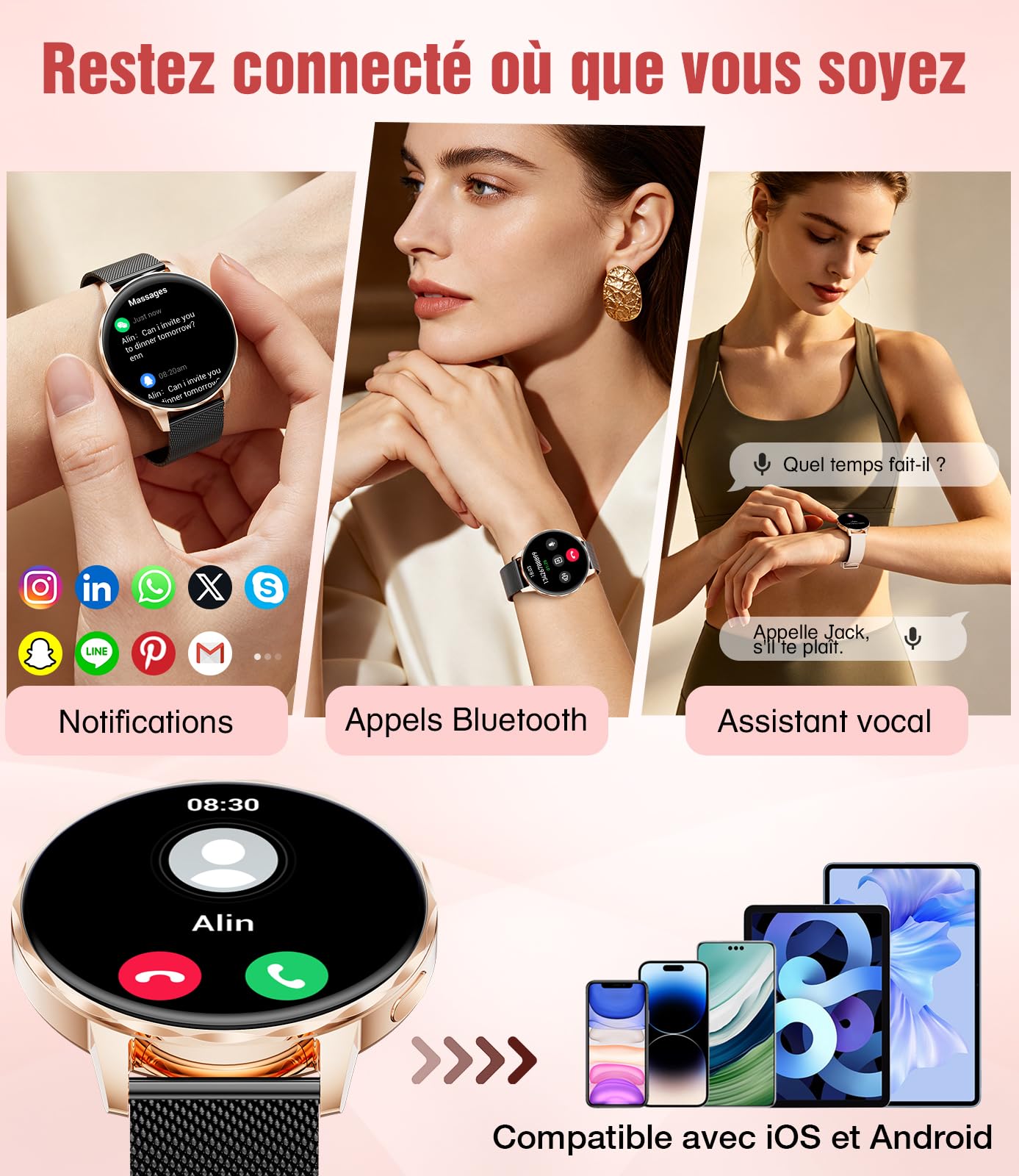 Montre connectée Femme 1.27" Appel Bluetooth Elegant Smartwatch Santé Féminine Fréquence Cardiaque Sommeil Montre Fitness,Podomètre,Calories,100+ Mode Sport,2 Chargeurs,Or Noir Mesh