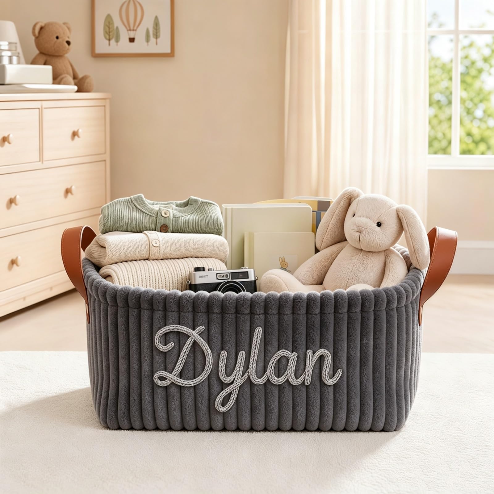 Custom Baby Diaper Caddy, Personalized Corduroy Storage Bin, Nursery Decor