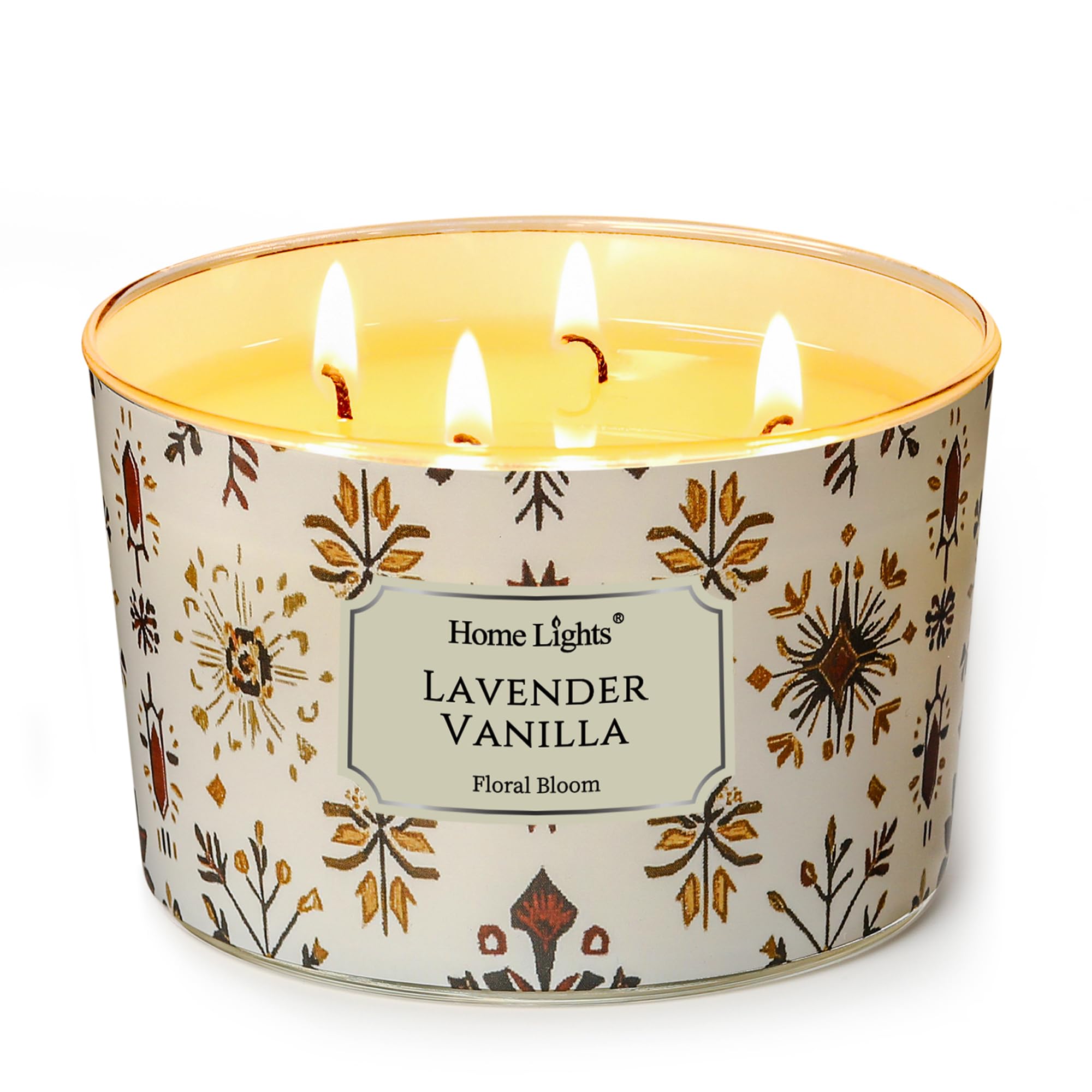 Home Lights Large jar Candle, 4-Wick Long-Lasting Scented Candles, 18oz Natural Soy Wax Candle for Home Scented, Bohemian Natural Textures Gifts for Women &amp; Men, Lavender Vanilla