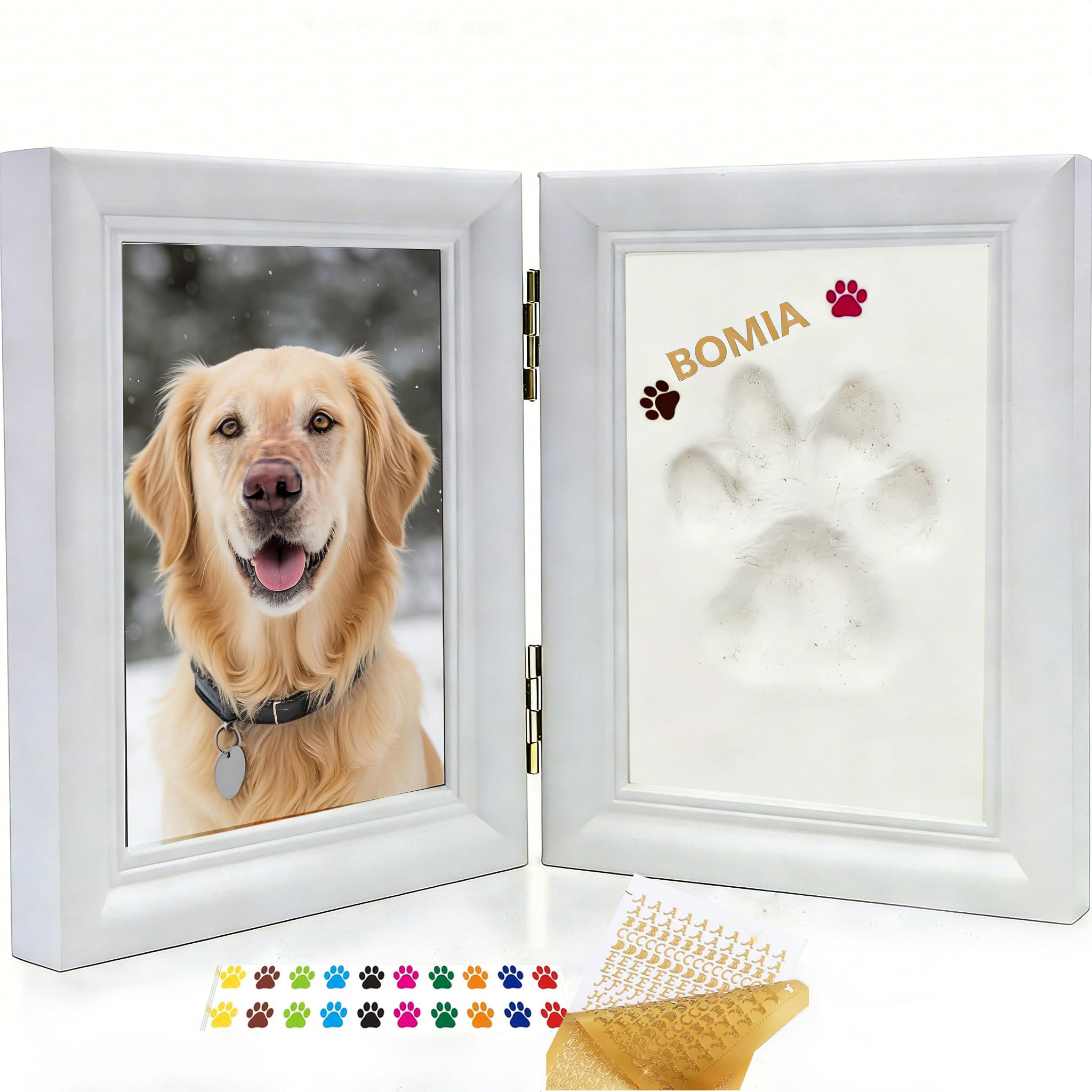 XDNOOK Dog or Cat Paw Print Kit with Trinkets,Pet paw Print Impression kit with 2 Clay,Wooden Dog Picture Frame,Personalized Gift Keepsake for Pet Lovers (White)