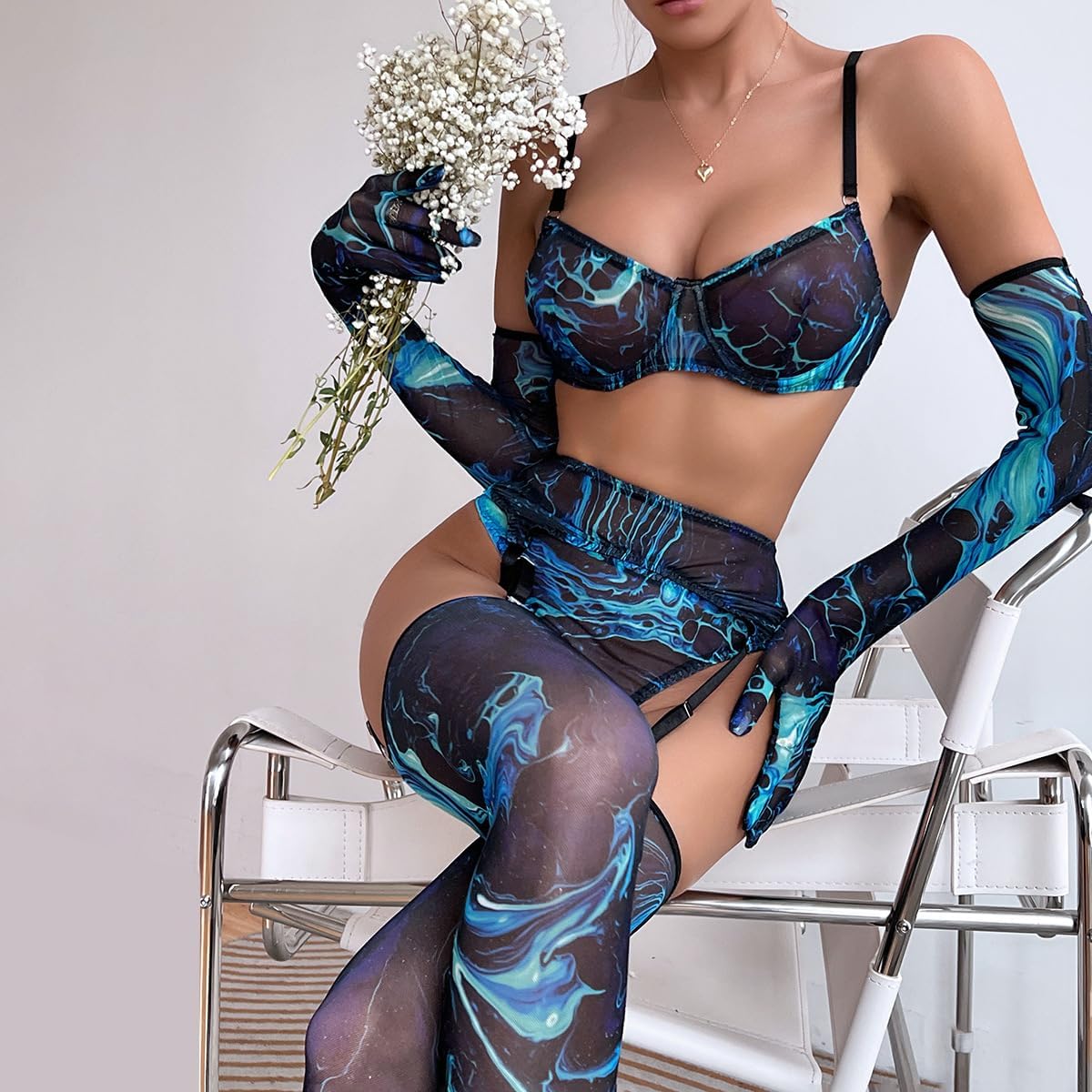 SNOMYRS Women Garter Belt And Thigh Highs Set Mesh Starry Graphic Print Rave Outfits Bikini Sexy Lingerie Bra And Panty