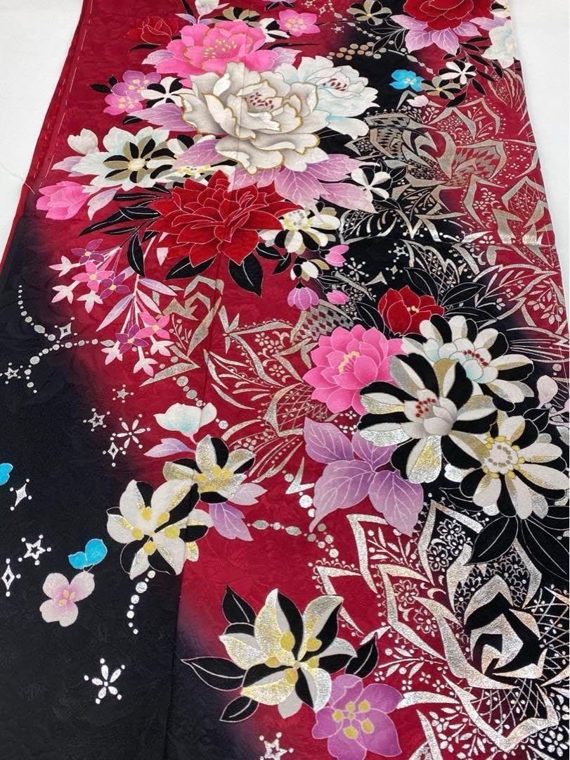 振袖 仮絵羽 刺繍 銀彩 紋意匠 正絹 未仕立て品 八掛付き