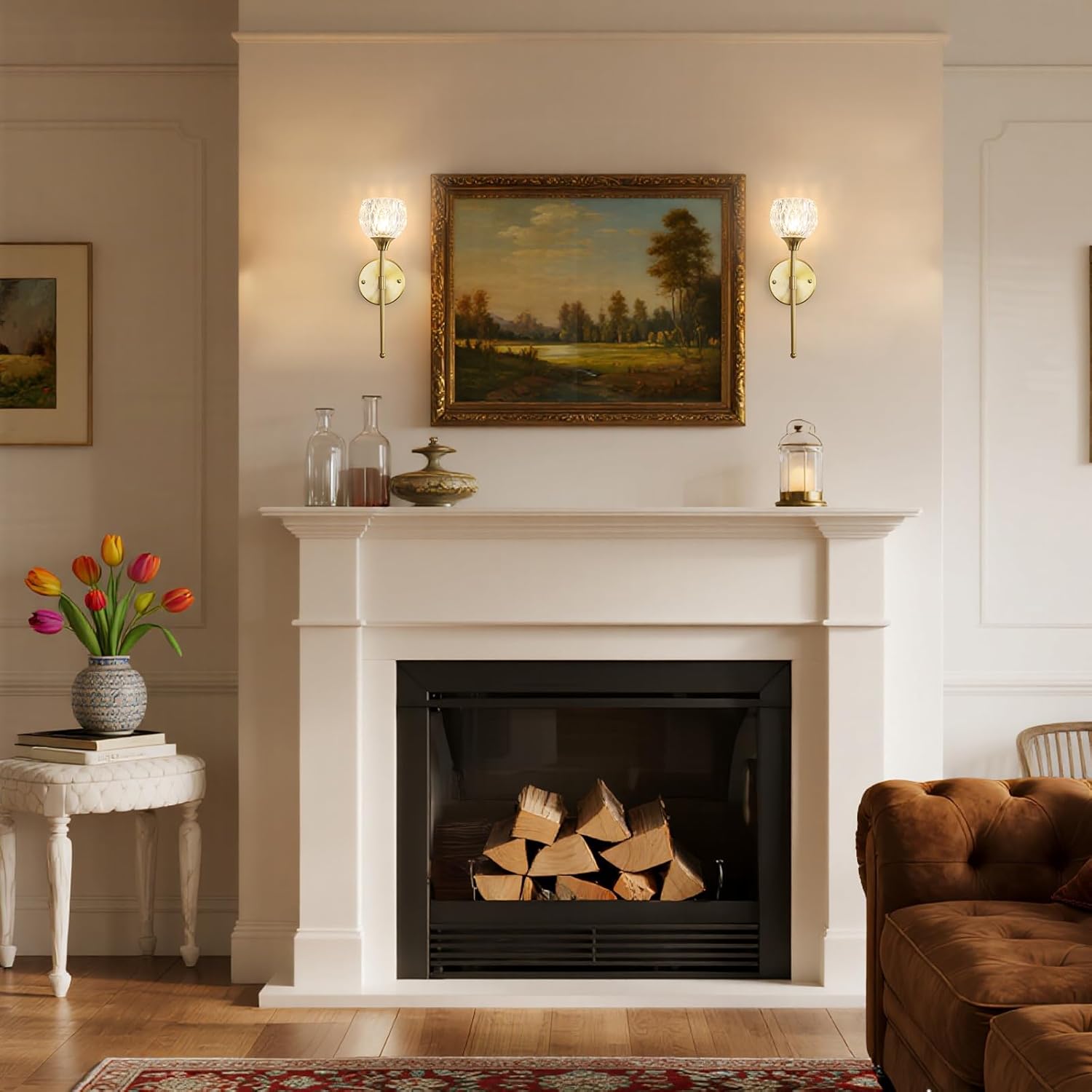 Gold Crystal Wall Sconce Set of Two, Modern Mid Century Vintage Wall Sconces with Clear Glass Shades, Bathroom Vanity Light Fixtures Industrial Brushed Brass Wall Lamp for Bedroom Mirror Living Room