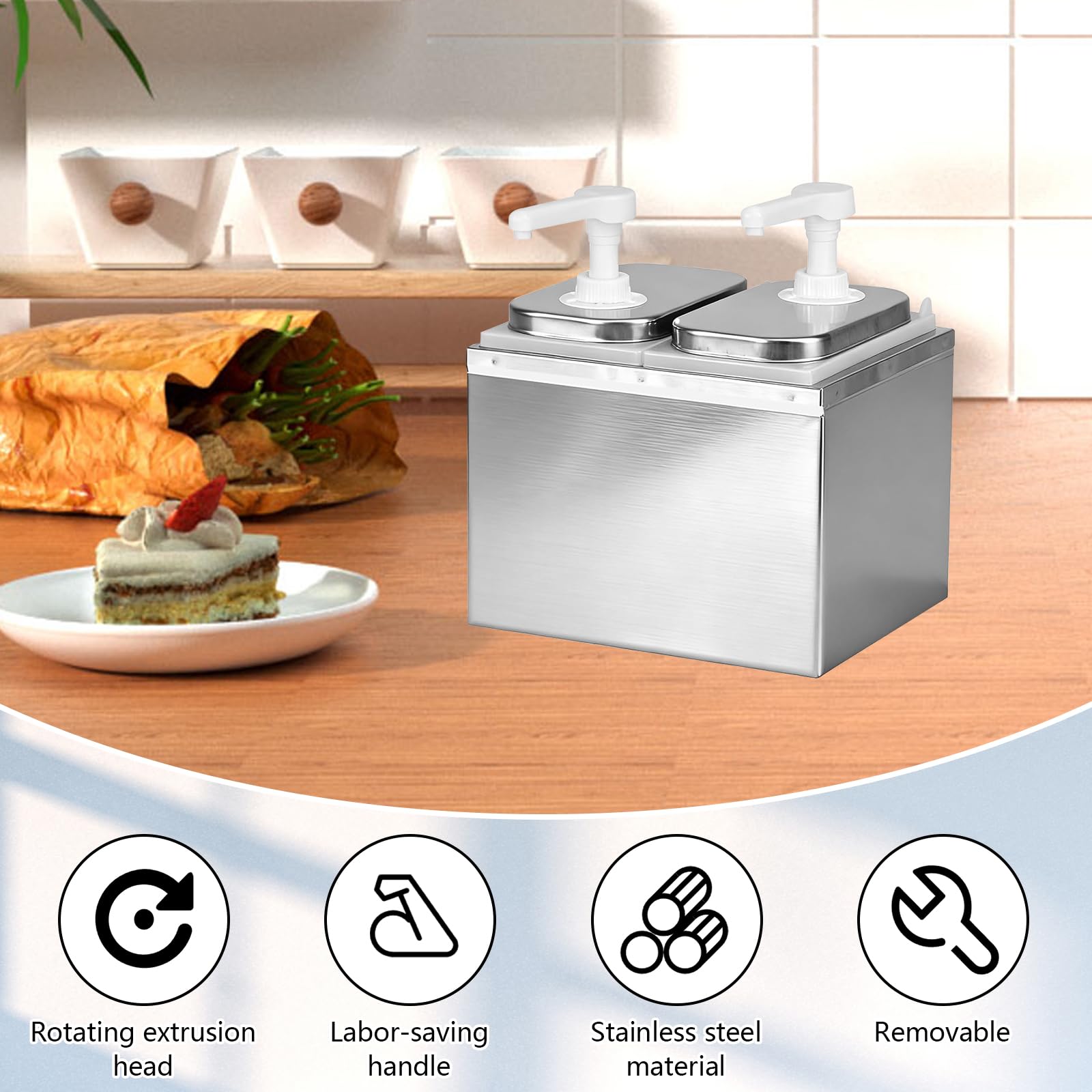4L Saucenspender Pumpstation, Edelstahl 304 Ketchup Spender 2 x 2L Gastro Soßenspender Lebensmittelecht, Fördermenge 20ml pro Hub, für Ketchup Senf Saucen mit Partikeln bis 0,4cm Spülmaschinenfest