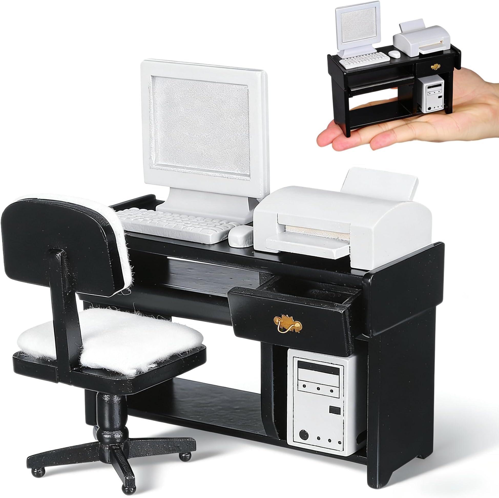 NUOBESTY 1:12 Dollhouse Office Furniture Set, Miniature Desk Chair Computer Printer Keyboard Accessories Black Office Scene Decor for Dollhouse Study Room