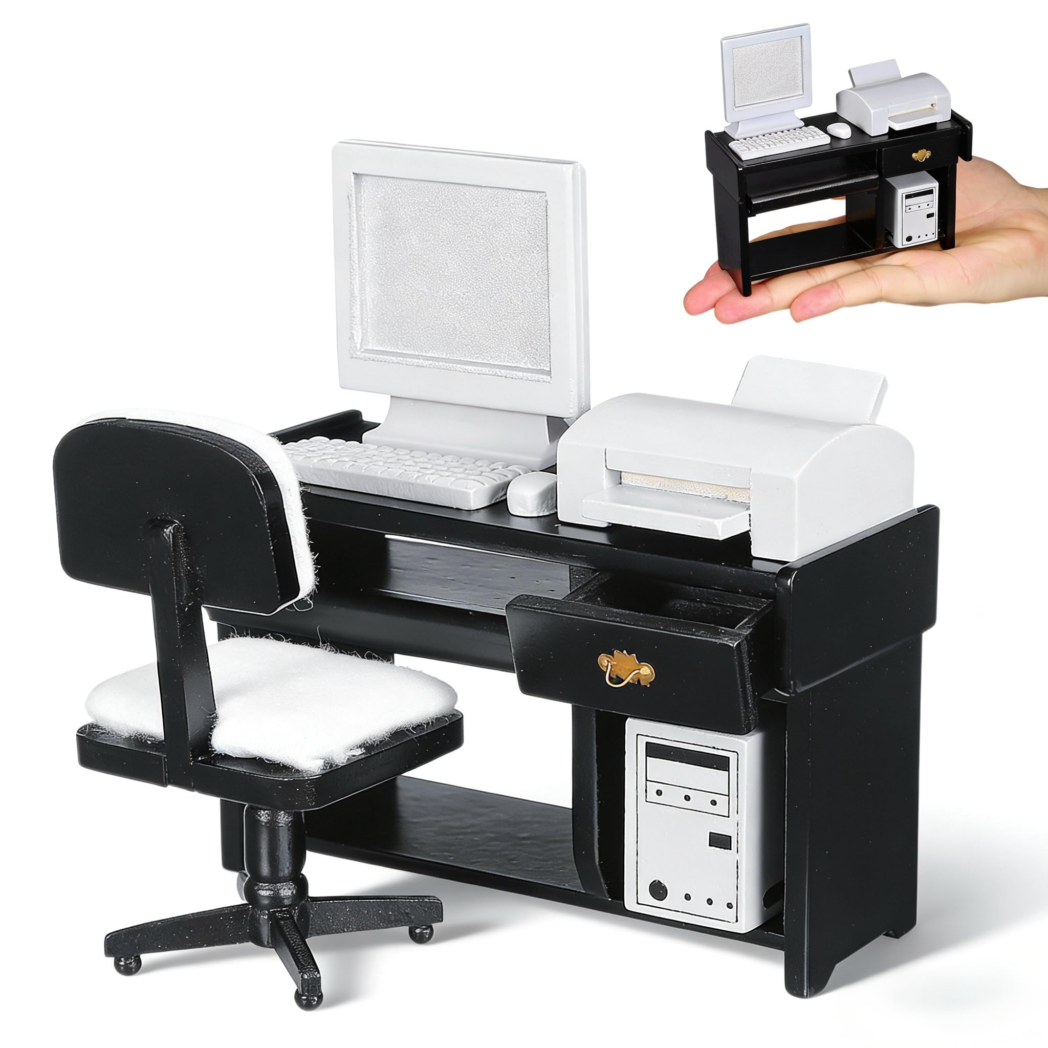 1:12 Dollhouse Miniature Office Furniture Set - Black Desk & Chair with Computer, Mouse, Keyboard, Printer for Kids' Doll House Decoration