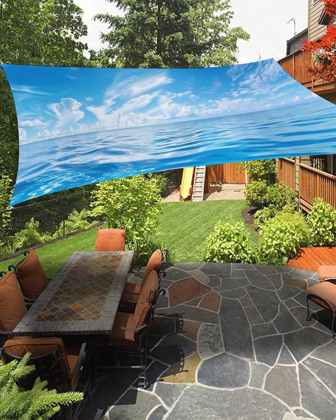 Blue Ocean Sun Sail Shades Rectangle Canopy,Sunlight Block Heavy Duty Curved Backyard Shade Cover,Waterproof Sun Shades for Patios Garden Outdoor,14'x18' Summer Tropical Beach Seaside Coastal Wave