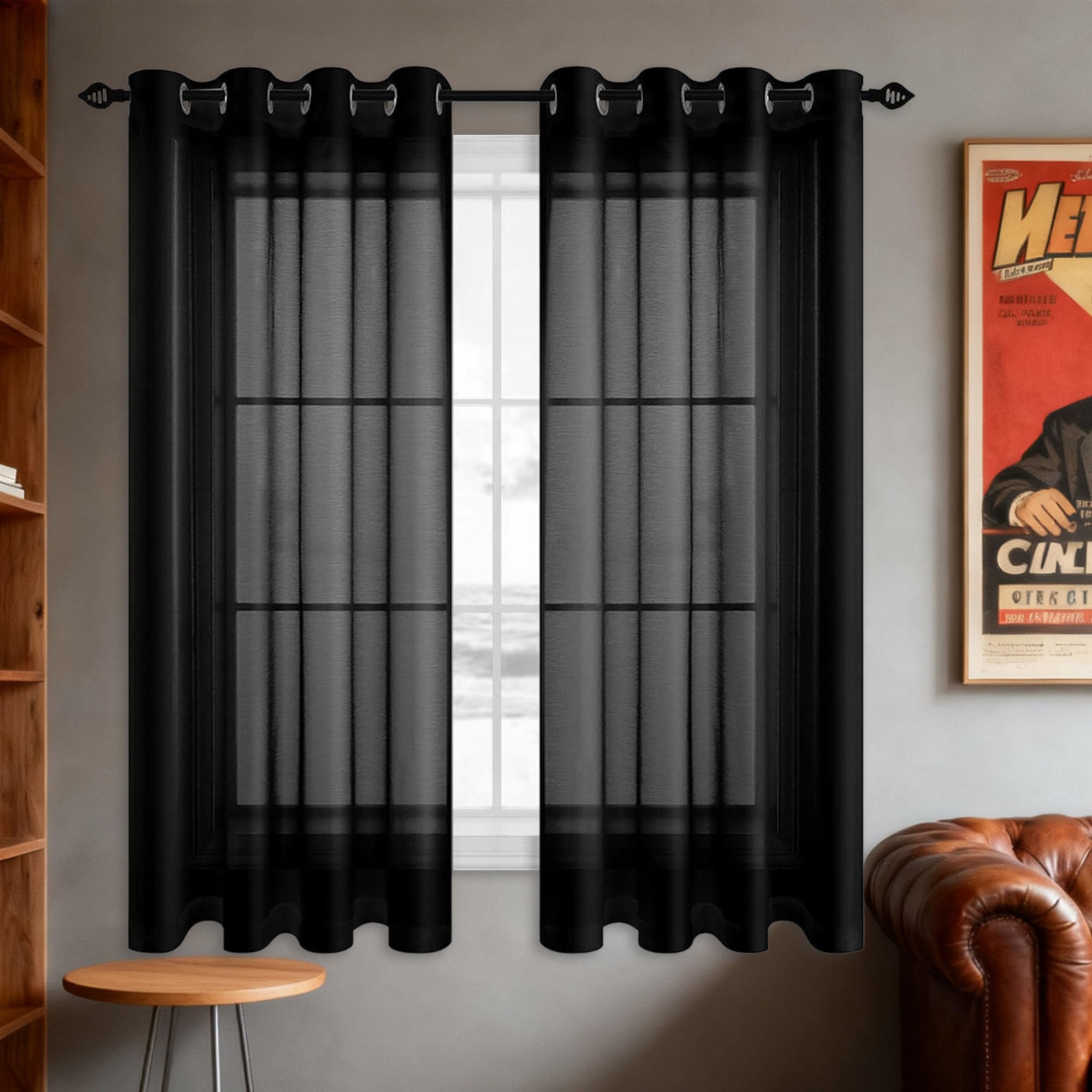 Rideau voilage fenetre transparent noir 240x250 maison moderne