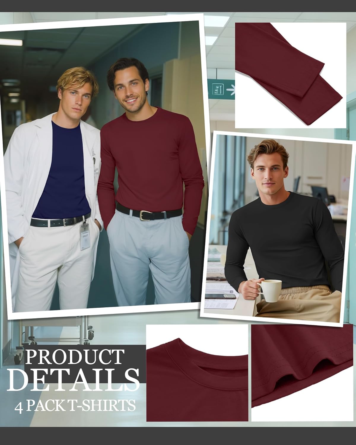 4 Pack Men's Long Sleeve Underscrub Shirts Nurse Crewneck Work Tops Stretchy Laying Undershirts Basic Tee - Image 4
