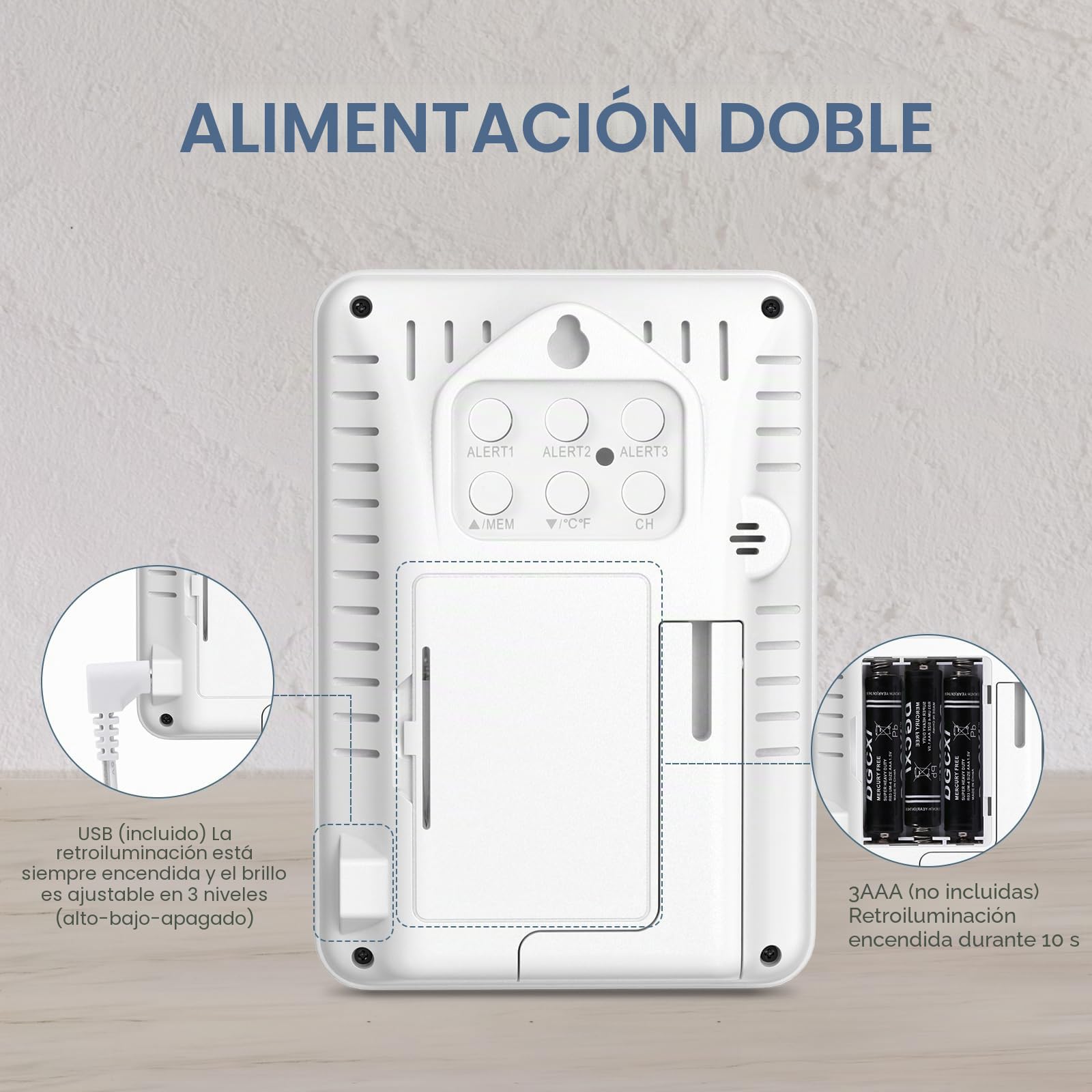 Estación Meteorológica Digital, Termómetro Higrómetro Digital con Pantalla Grande de 4 pulgadas, Termómetro para Interior y Exterior con 3 Sensores Remotos, Blanco