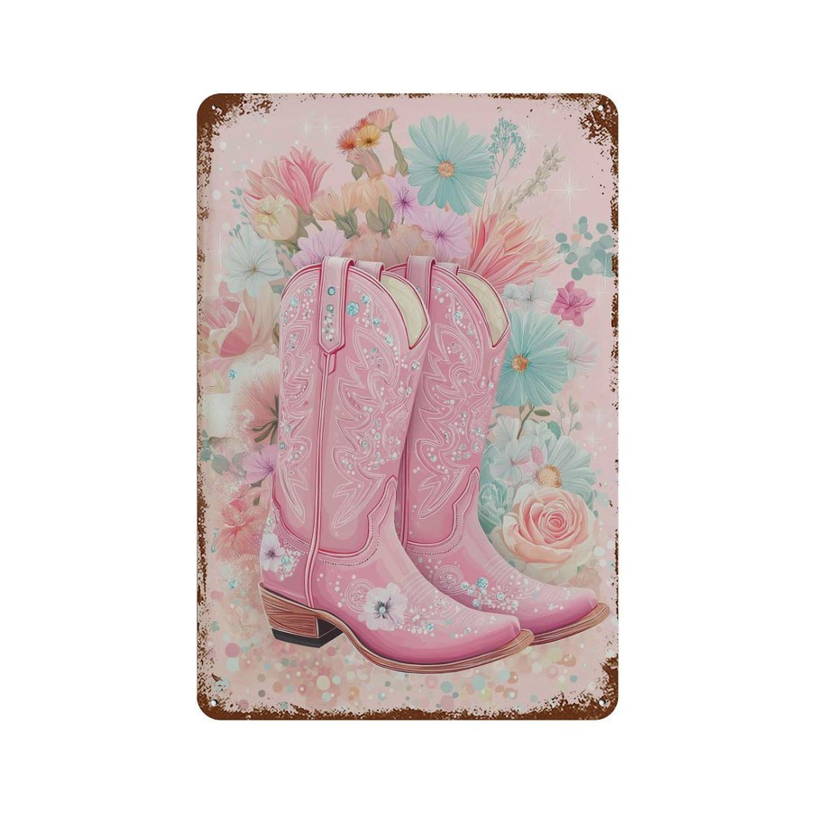 xiaoxiaoshen Pink Cowgirl Boots – Western Floral Pastel Country Girl Boho Aesthetic Rodeo Gla Wall Decor Art Metal Tin Poster Modern Home Decor Art Home Bar Shop Decorations Vintage Sign 30x20cm