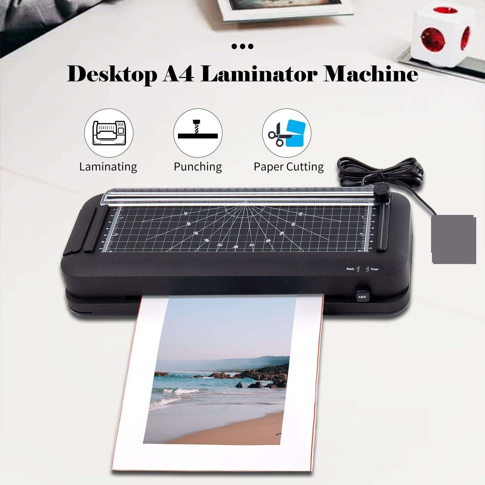 Laminator, Laminator A4 Laminator termiczny Laminator biurkowy z funkcją dziurkowania i cięcia papieru Automatyczny laminator Gilotyna do papieru
