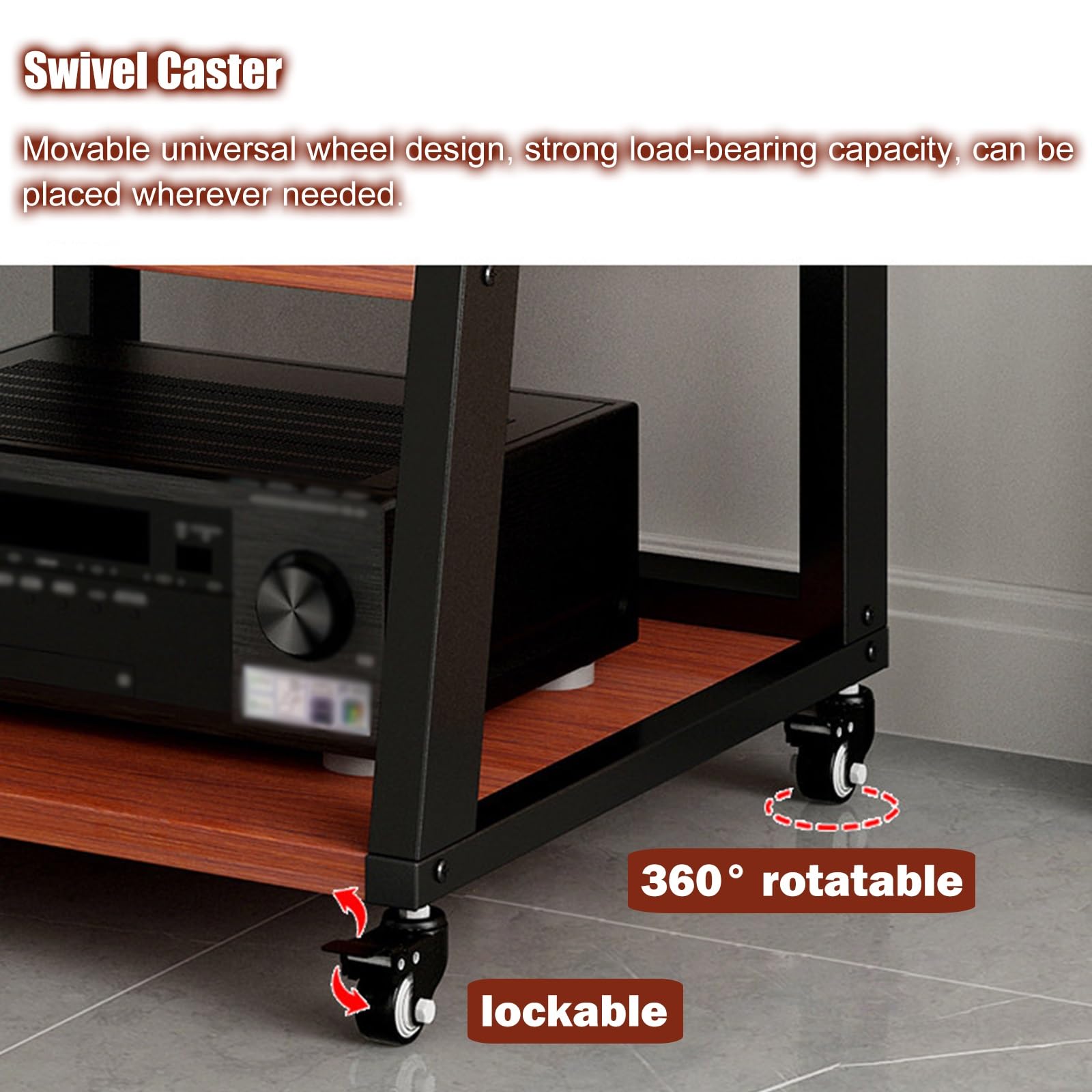 Système de rack stéréo robuste à 5 niveaux sur roulettes réglable pour matériel audio pour home cinéma et salon