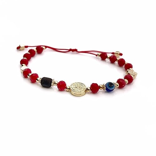 Miniatura 2 de SIFRIMANIA Protection Adjustable Bracelet for Women Positive Energy Evil Eye Amulet Real Azabache Red (Heart - St Benedict - Flower)