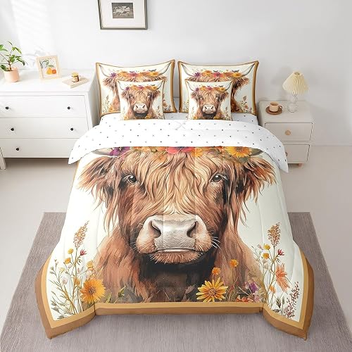 jejeloiu Highland Cow Comforter Set Full Size for Kids Boys Girls 7 Pieces