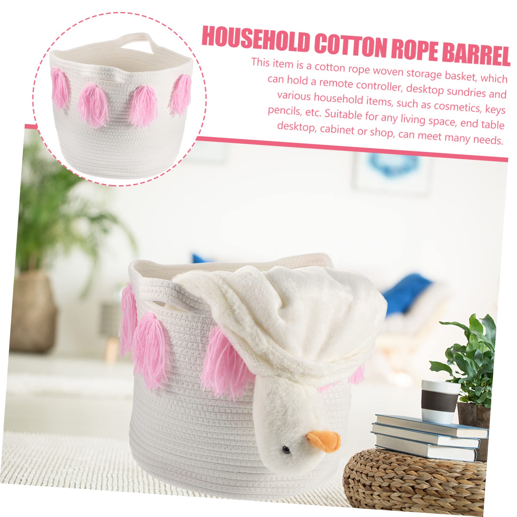 IMIKEYA Cesta Organizadora de Escritorio de Cuerda de Algodón Rosa | Estilo Nórdico Simple, Flecos de Tassel, para Almacenamiento Doméstico y Decoración del Hogar