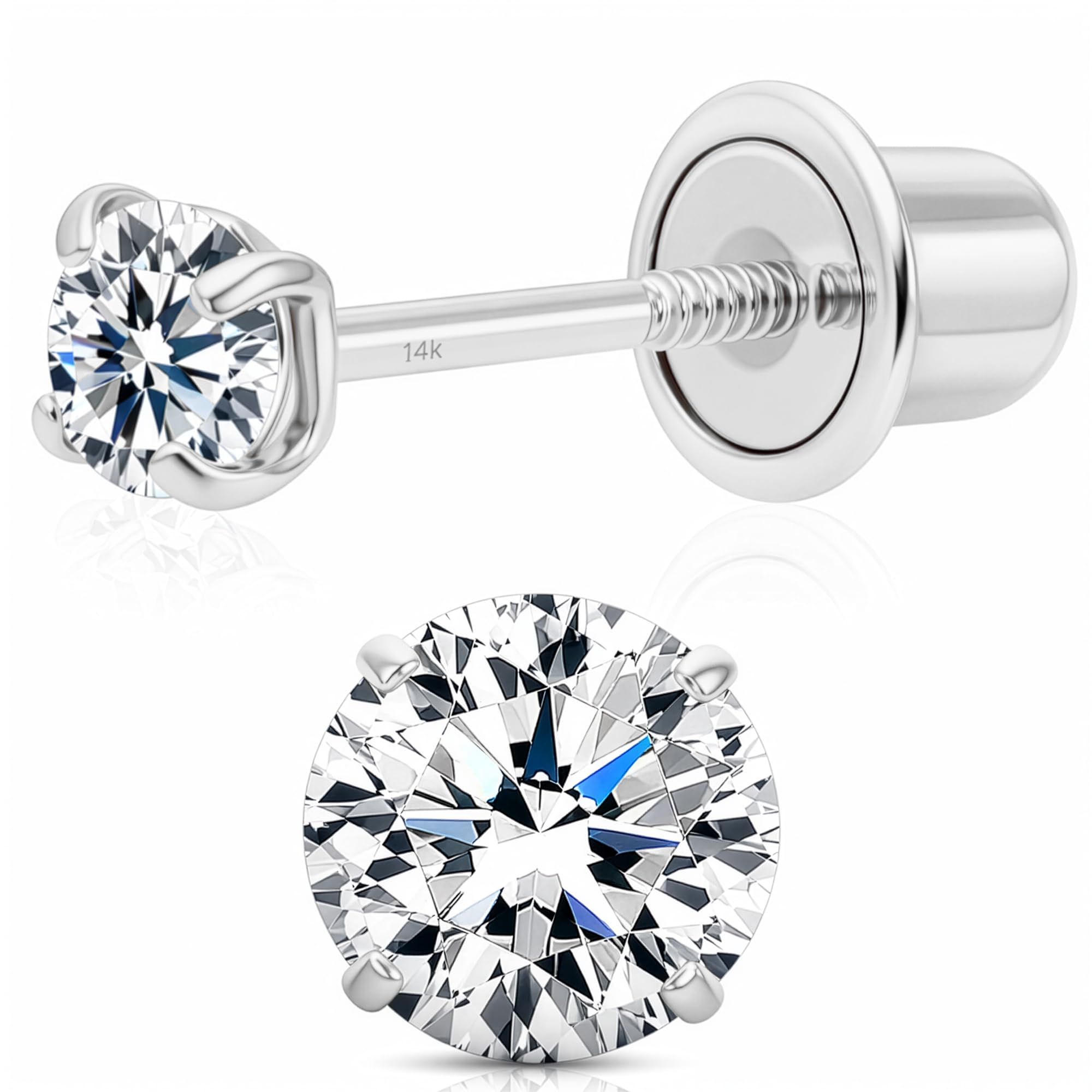 Art and Molly 14K Solitaire Gold Earring Solid 14-Karat Round Cubic Zirconia Stud Earrings with Screw-Back, CZ Studs with Gift-Ready Box