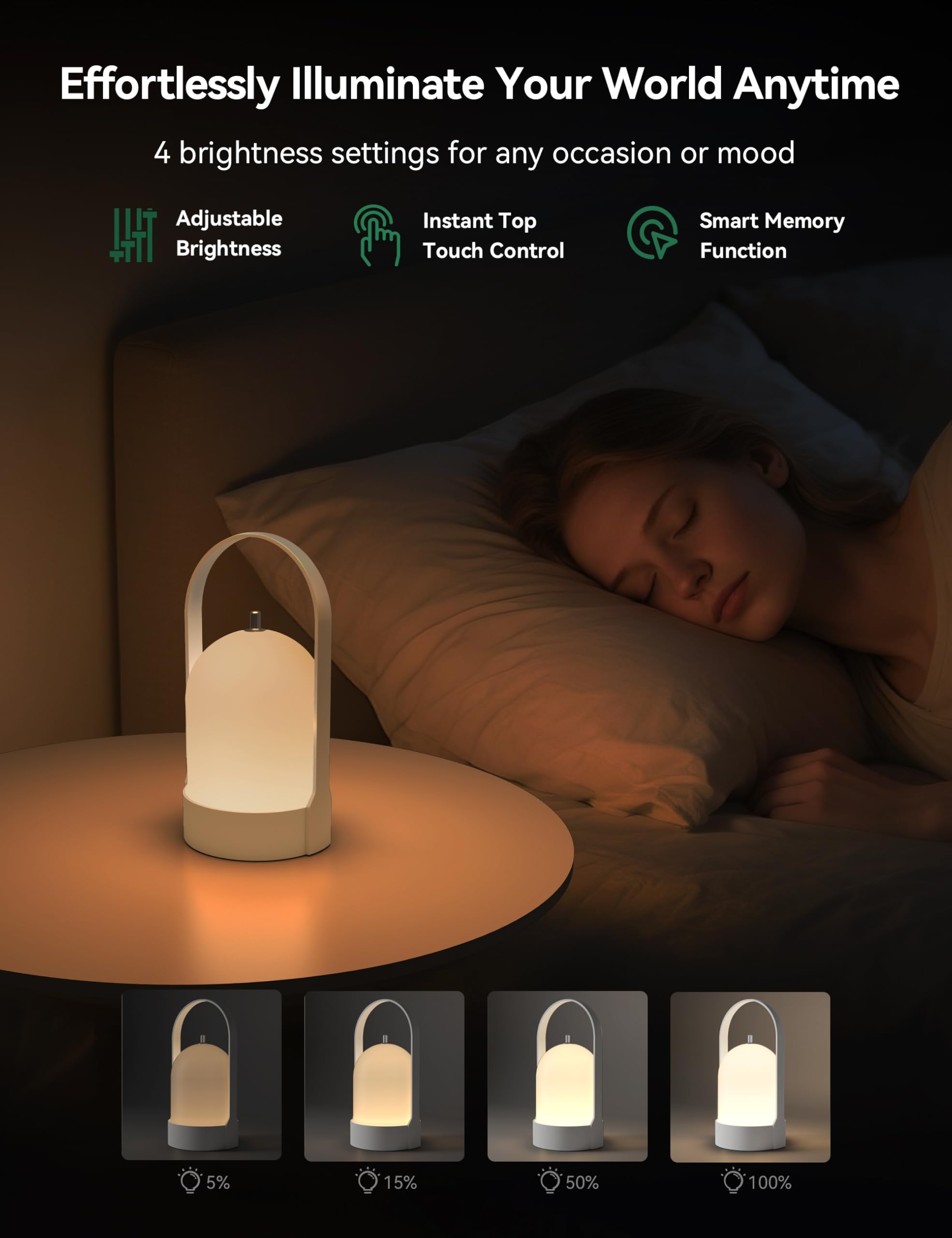 Lámpara portátil, funciona con pilas, recargable, inalámbrica, de 4 niveles, táctil, regulable, lámpara de escritorio, luz nocturna, para camping, hogar, dormitorio, comedor, balcón, patio 4