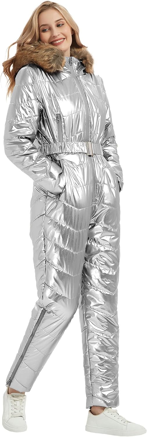 RISISSIDA Ski Suit Women One Piece Snow Suits Silver X-L