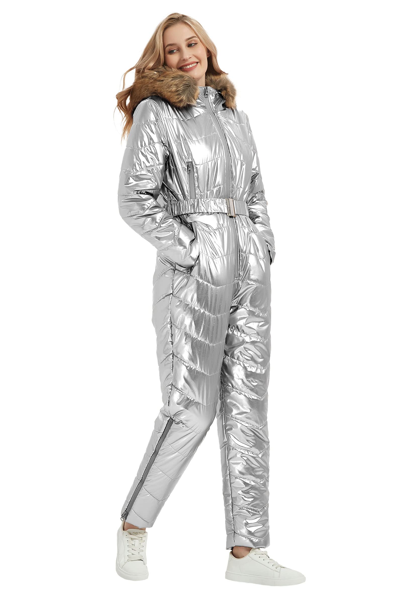 RISISSIDA Ski Suit Women One Piece Snow Suits with hood Winter Trendy Outdoor Sports Waterproof Snowsuit with Removable Fur Collar Silver 19008 S