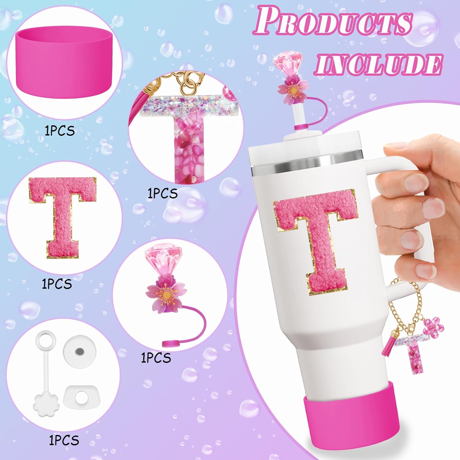 7PCS Stanley Cup Accessories Set for Stanley Cup 30oz 40oz Tumbler with Handle,Including Straw Topper Cover Cap and Boot,Spill Proof Stopper,Handle Charm,Initials Sticker (Rose pink T) - Image 2