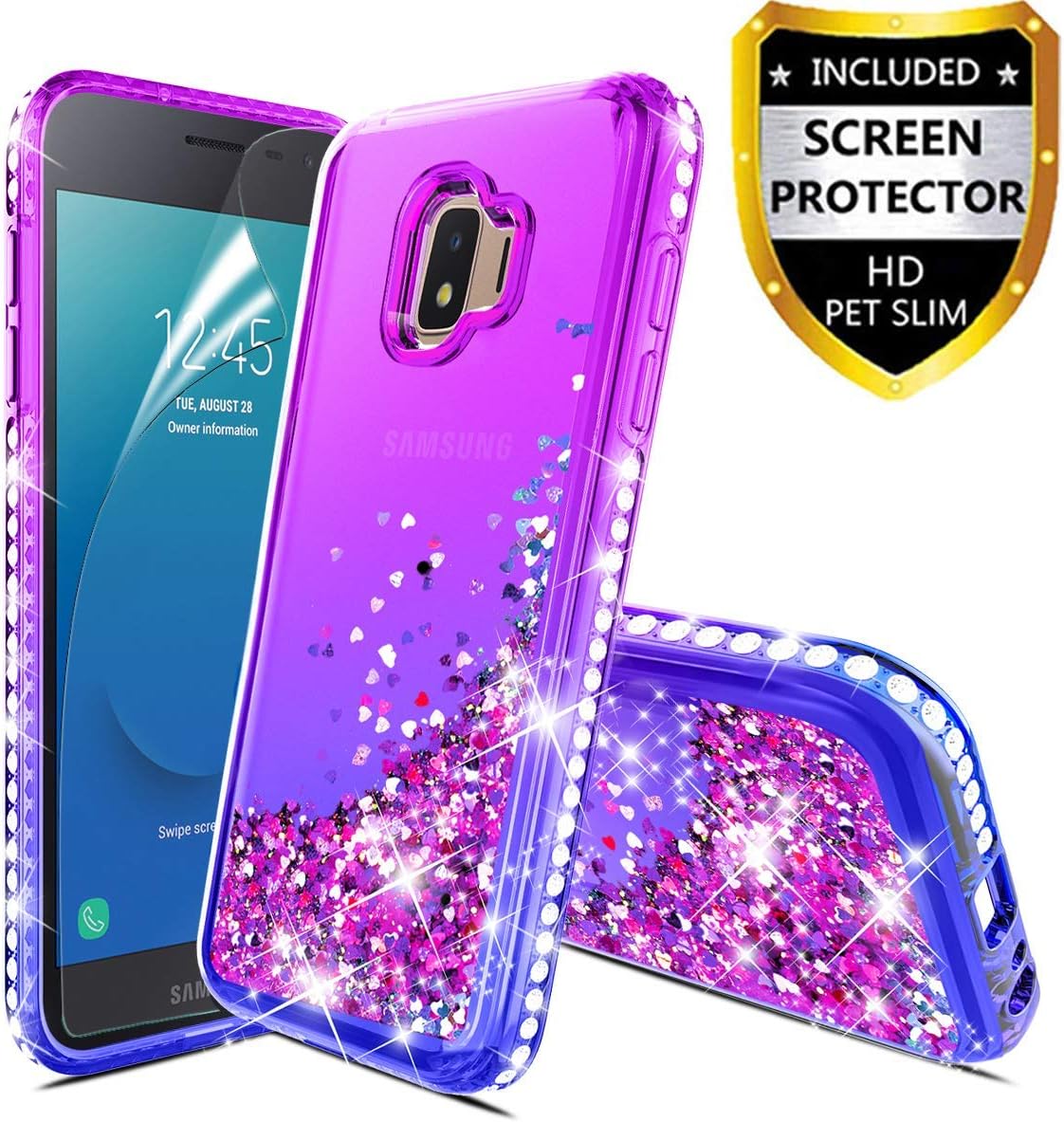 Samsung Galaxy J2 Case,Galaxy J2 Core/J2 Dash/J2 Pure/J2 Shine Case Glitter Liquid Quicksand Floating Shiny Sparkle Flowing Bling Diamond Luxury Clear Cute Case Cover for Girls Women Purple/Blue