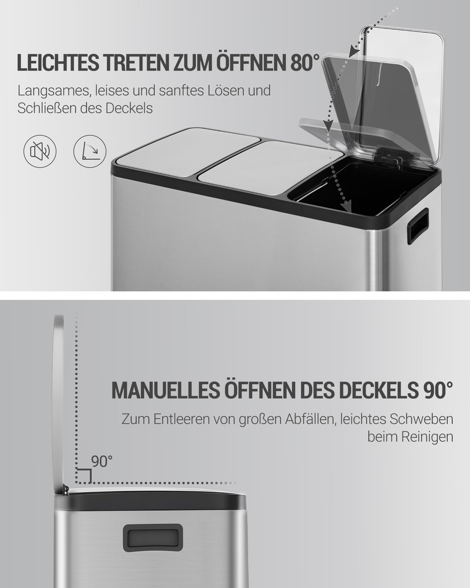 Hzuaneri Mülleimer Küche, Mülltrennsystem 3 Fächer 45L (3 x 15 L), Edelstahl-küchenmülleimer, Tretmülleimer mit Farbcodierbaren Pedalen, Abfalleimer Ruhiger Langsamer Abstieg, Silber SW04599E