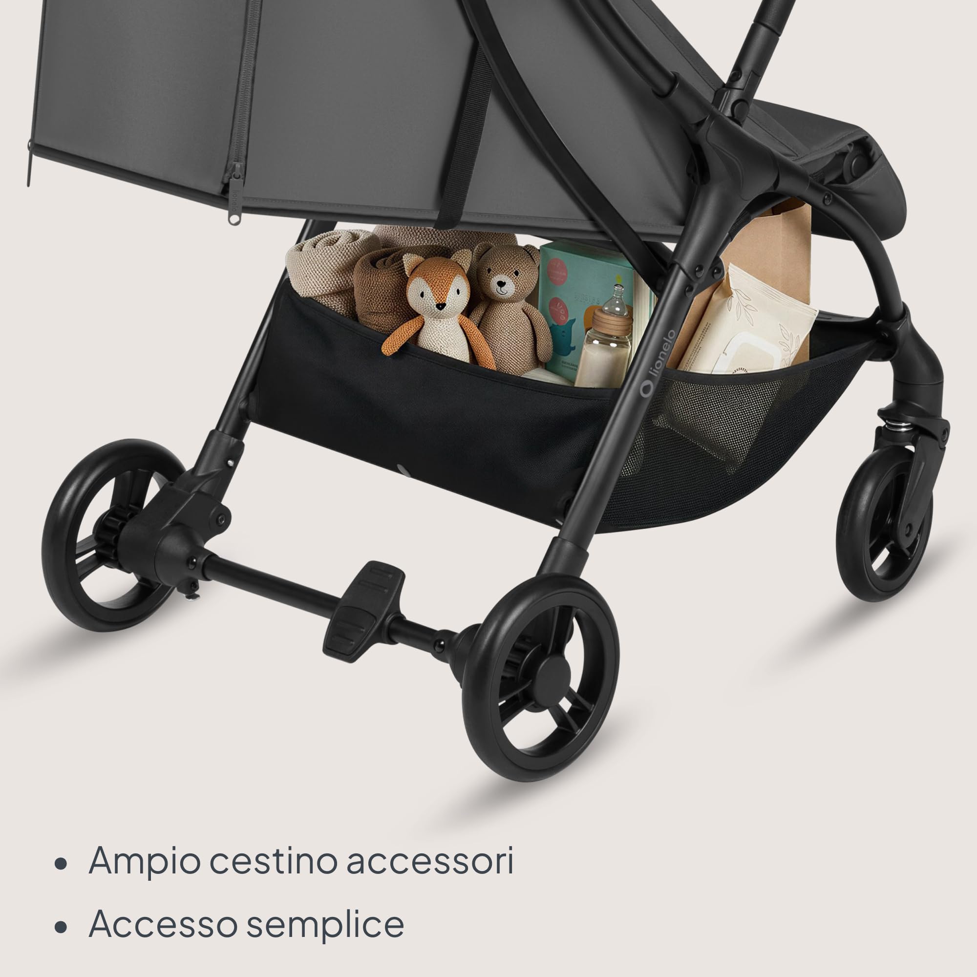 Lionelo AGIA Passeggino Leggero e Compatto fino a 22 kg / 4 anni Pieghevole con una Mano, Posizione Distesa, Seduta Ampia, Pannello di ventilazione, Ammortizzazione, Grande Cestello Regolazione Facile