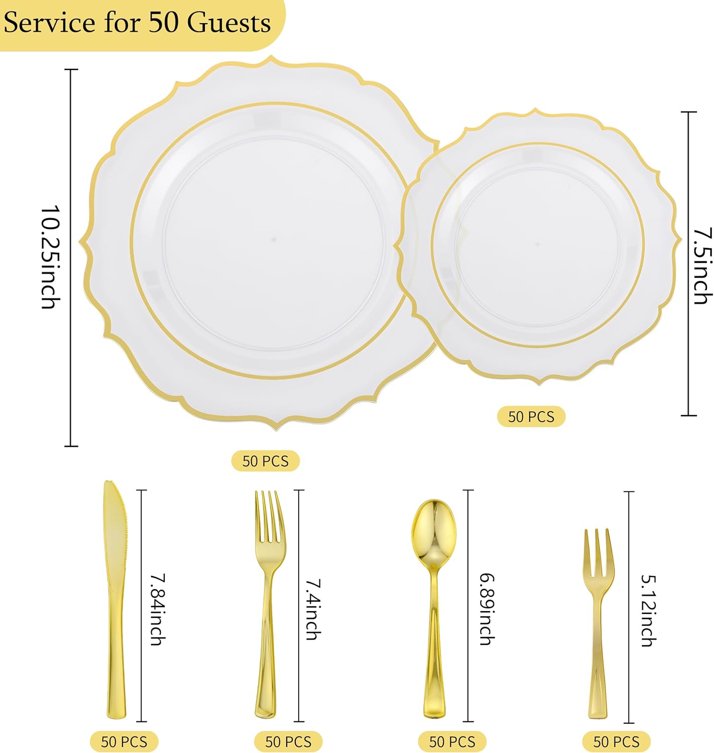 Noemie 300 PCS Premium Clear Plastic Plates, Clear Baroque Dinnerware Set for 50 Guests with Gold Trim Include 50 Dinner & 50 Dessert Plates, 200 Gold Silverware Set