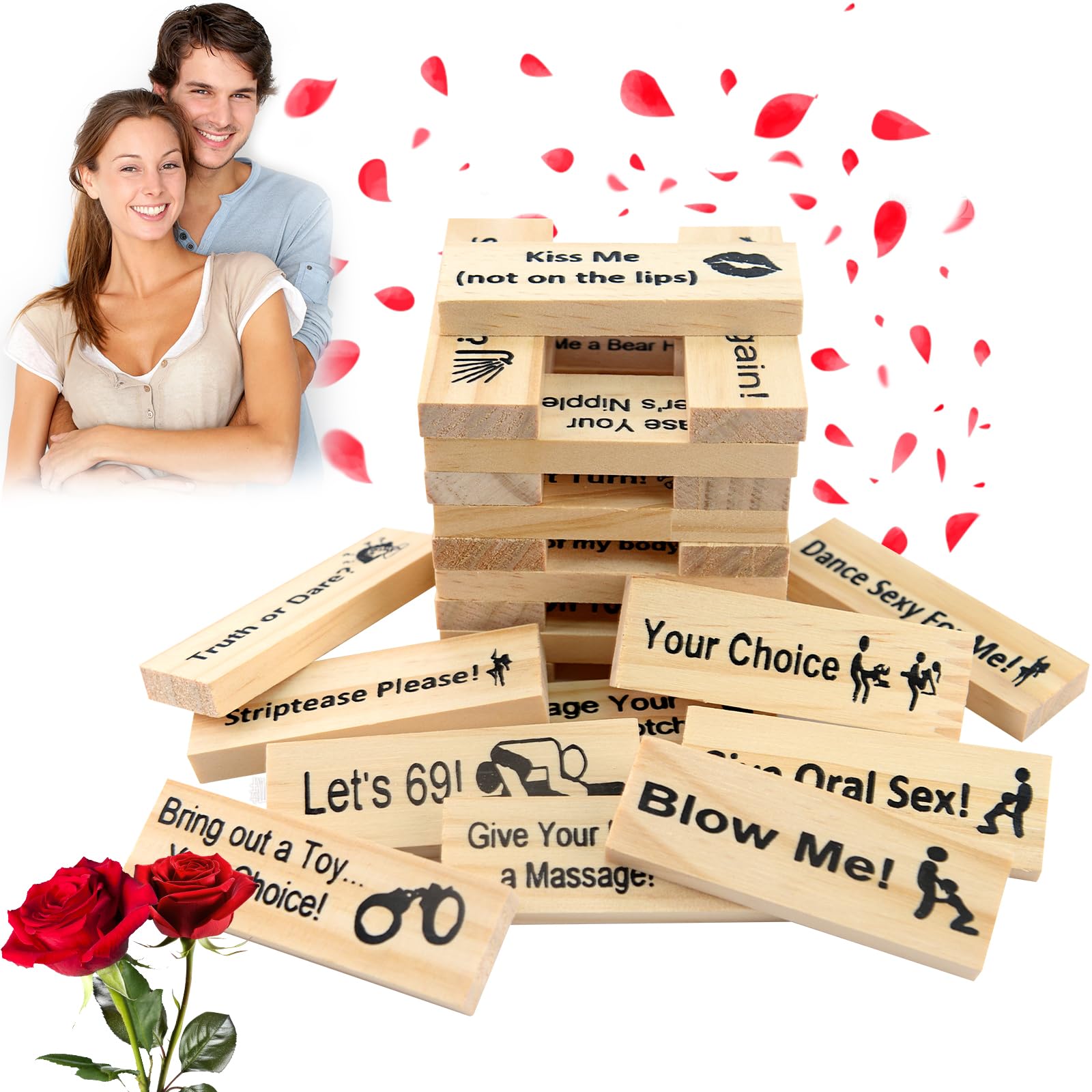 Audasi Lust Tower, 48pcs Super Naughty Block Tower Game Couples Games for Adults Valentine Tumbling Tower Stacking Blocks Game Wooden Blocks Challenges Block Game for Grown Ups Night Party Game Gift