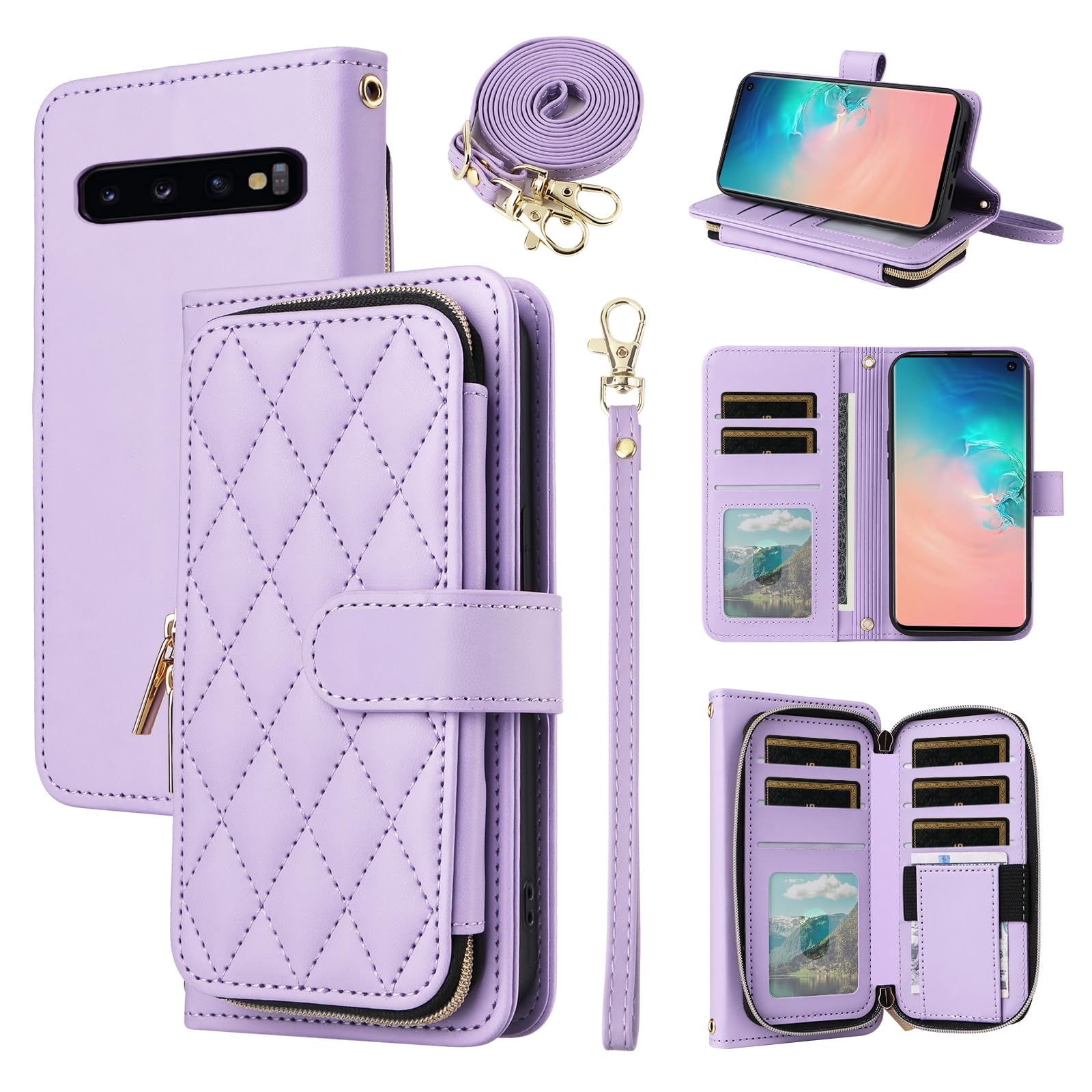Furiet Wallet Case for Samsung Galaxy S10 Plus with Wrist Strap, Crossbody Shoulder Strap, Luxury PU Leather Stand Cell Phone Cover with 9+ Card
