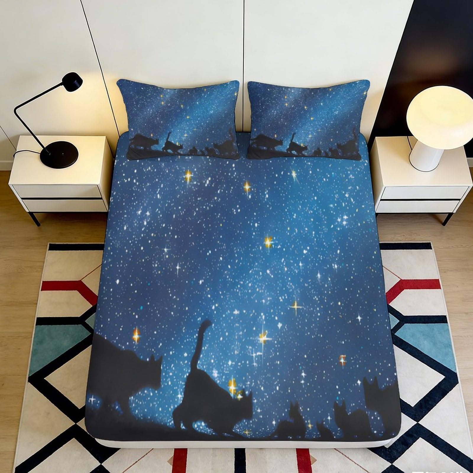 3D Printed Starry Sky Fitted Sheet Microfiber Soft Blue Cat Silhouette Mattress Cover Bedroom Decor Machine Washable 90x200x25cm