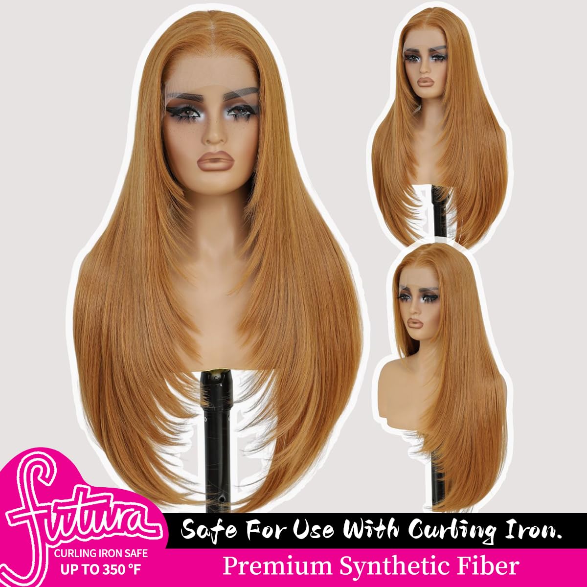 13x4 Synthetic Lace Front Wigs Pre Plucked 26 Inch Long Layered Ginger Straight Wigs For Women 100% Futura Premium Fiber Ready to Wear Wig With Bangs Beginner Friendly Daily Party Use