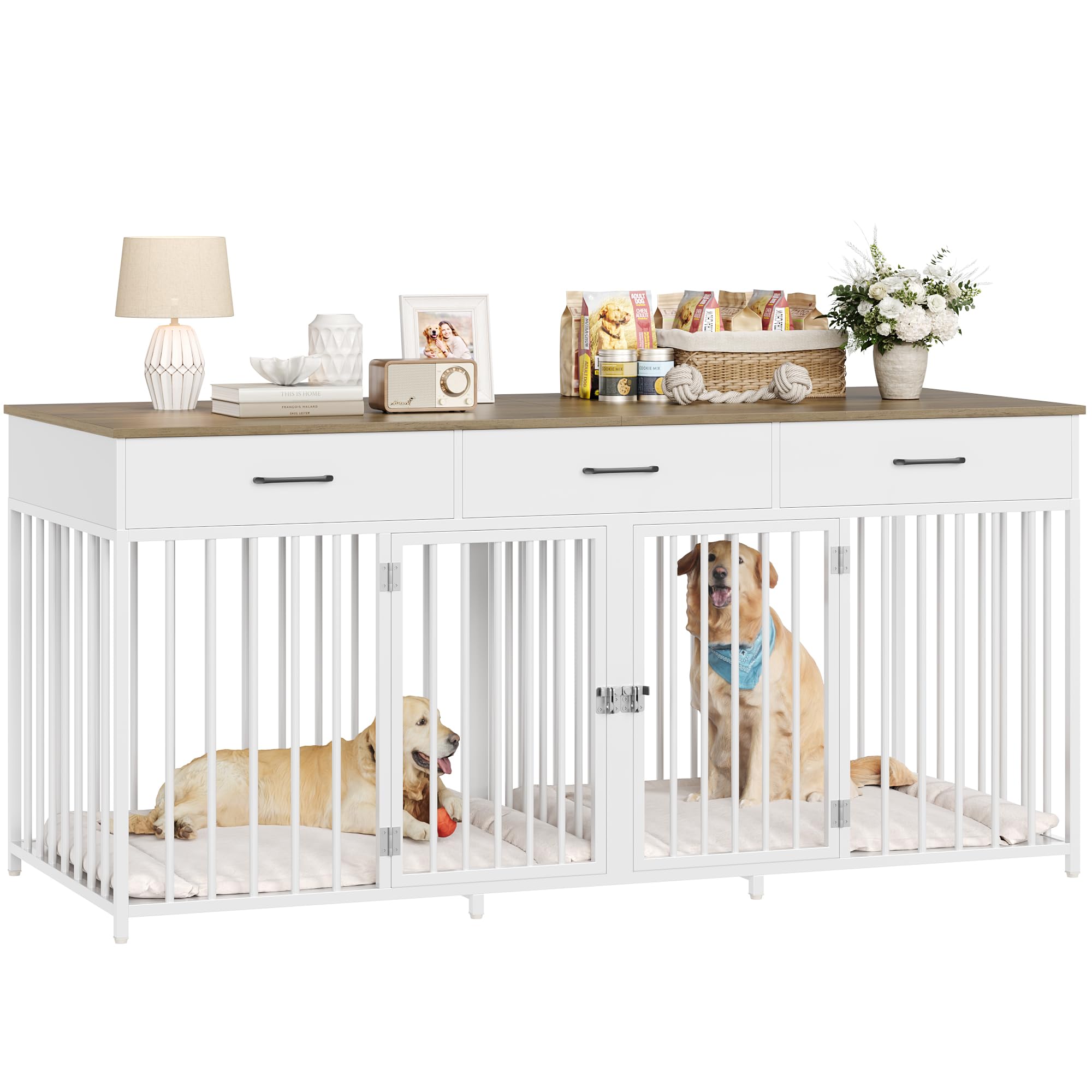 HOSTACK Double Dog Crate, 71"W Indoor Dog Kennel Furniture for 2 Dog, White