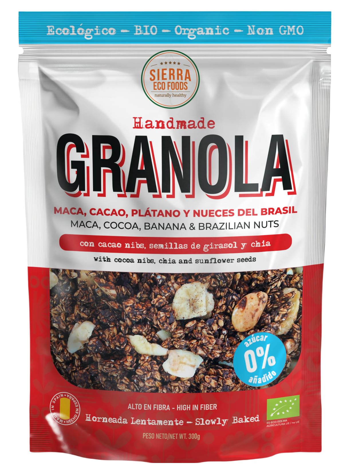 Granola Ecológica y Artesana con Maca, Cacao, Plátano, Nueces de Brasil, Pasta de Dátiles, Aceite de Oliva, Nibs de Cacao, Semillas y Avena Integral, 0% Azúcares Añadidos (Pack: 6 bolsas de 300g)